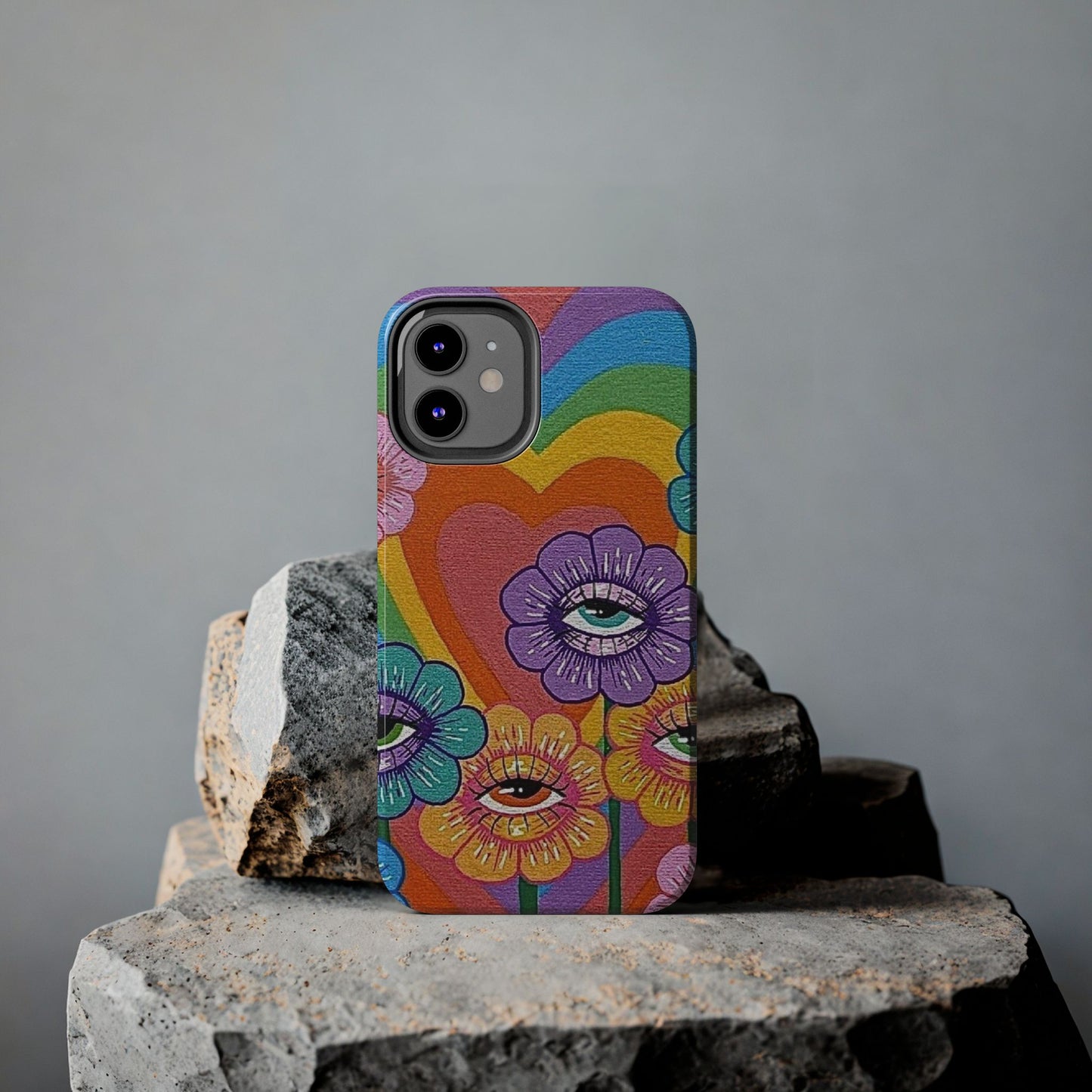 Psychedelic Eye Flower Tough Phone Case — Retro Rainbow Protective iPhone Cover