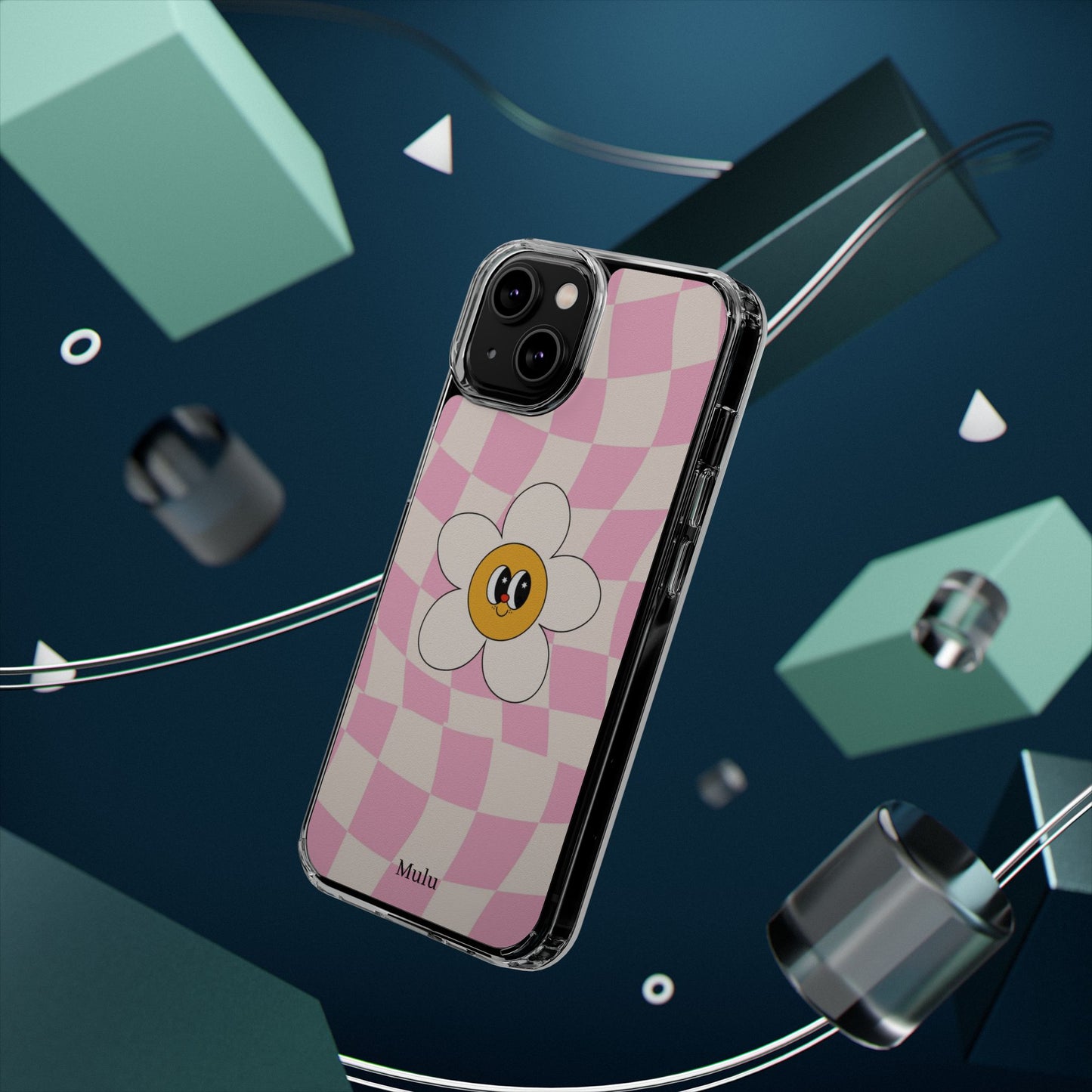 Clear Impact-Resistant Phone Case — Pink Checkerboard Daisy Design