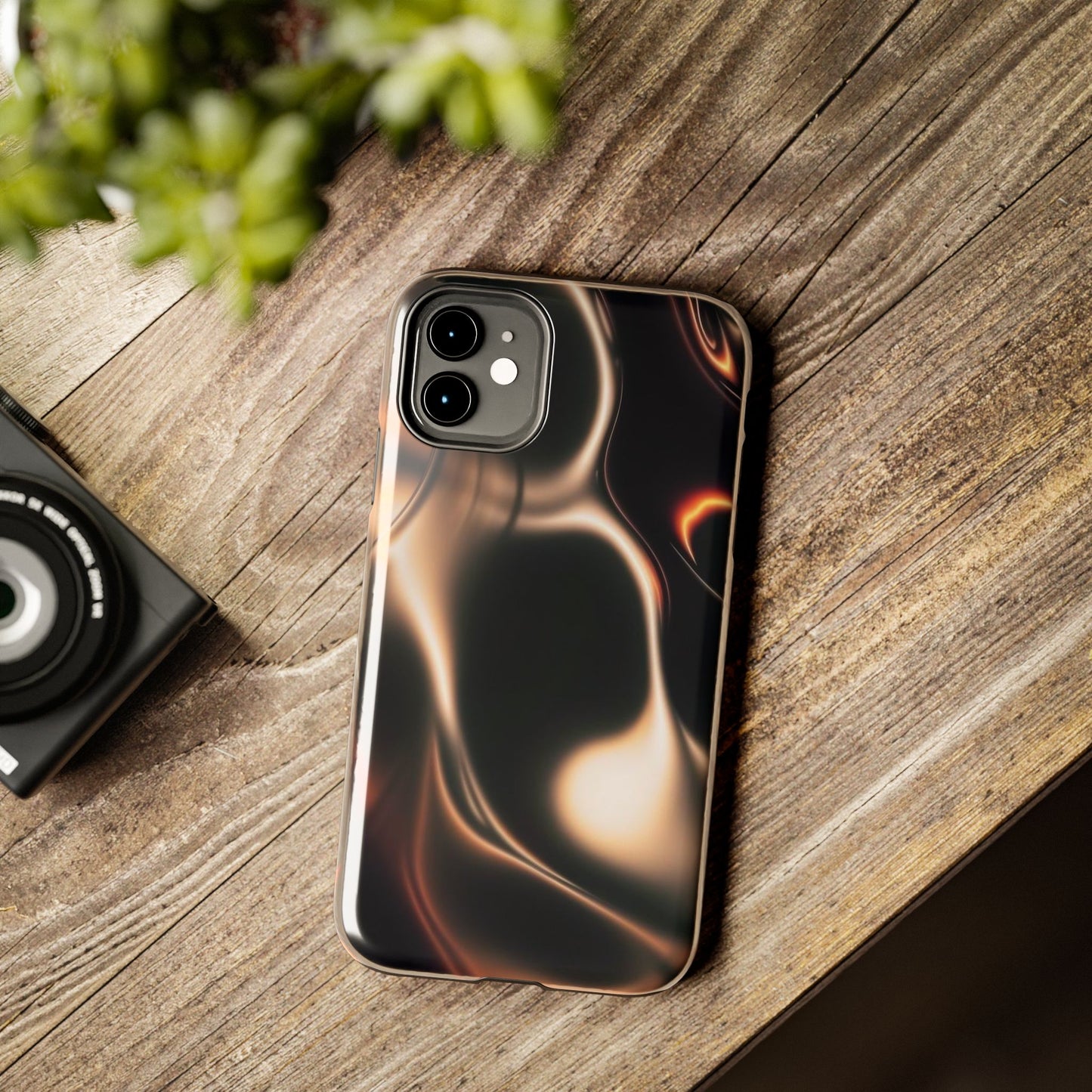 Abstract Liquid Glow Tough Phone Case — Black & Bronze Swirl Protective Cover