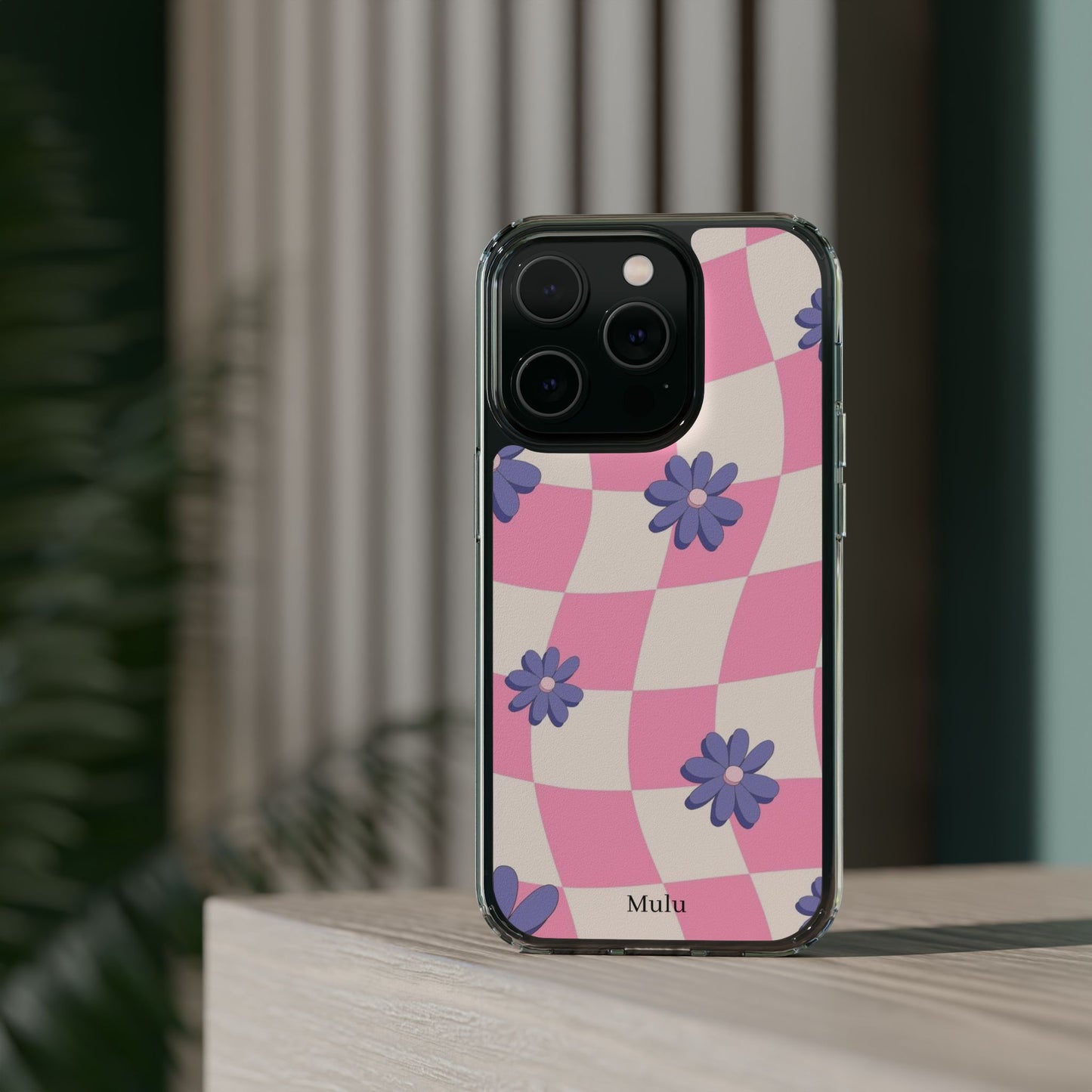 Clear Impact Phone Case — Pink Checkerboard with Purple Flowers