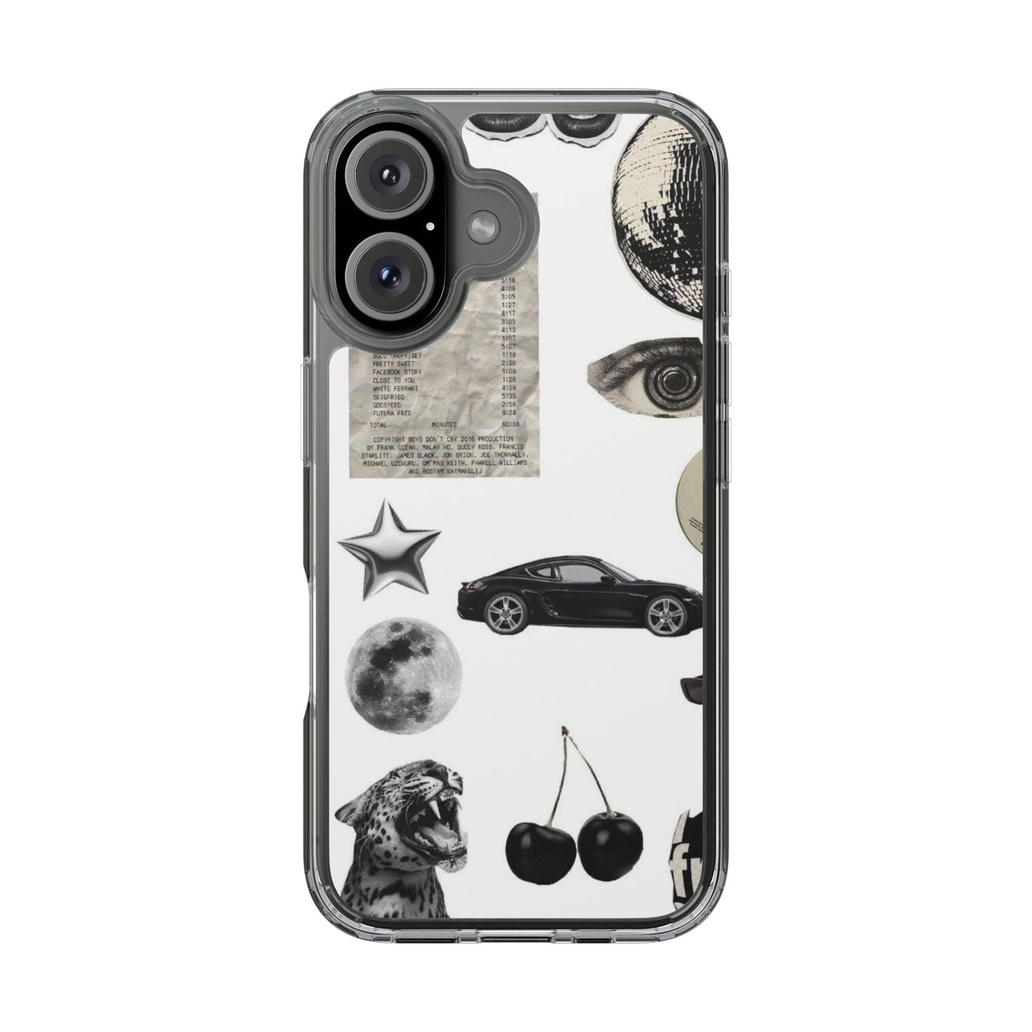 Clear Phone Case — Vintage Collage Stickers (Moon, Eye, Car, Cherries)