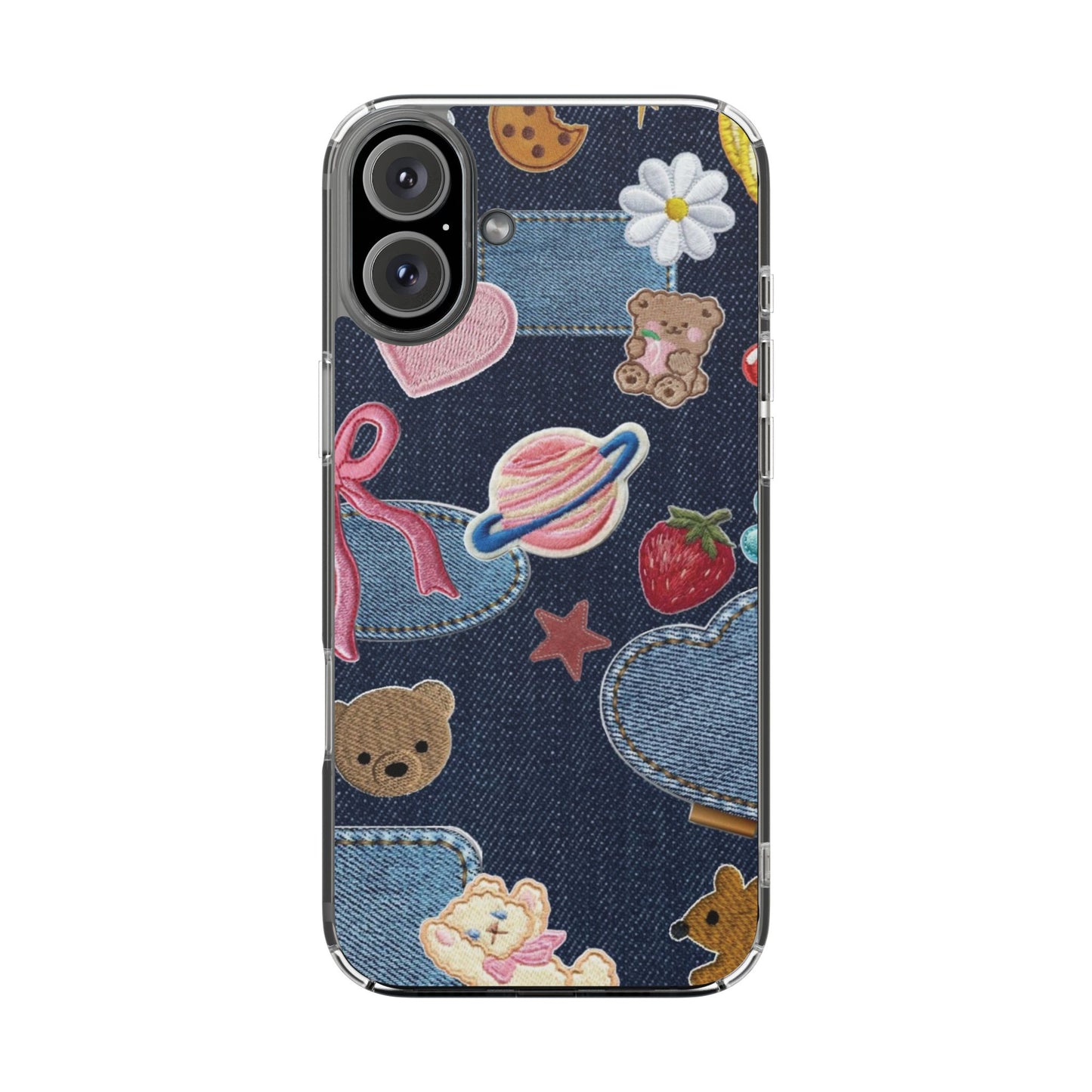 Clear Impact-Resistant Phone Case — Cute Denim Patch Collage (Teddy, Strawberry, Planet)