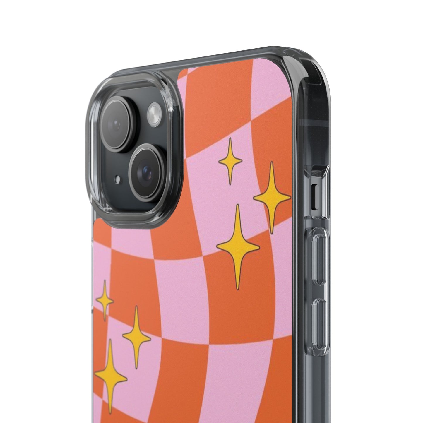 Clear Impact-Resistant Case — Retro Pink & Orange Checker with Sparkle Stars