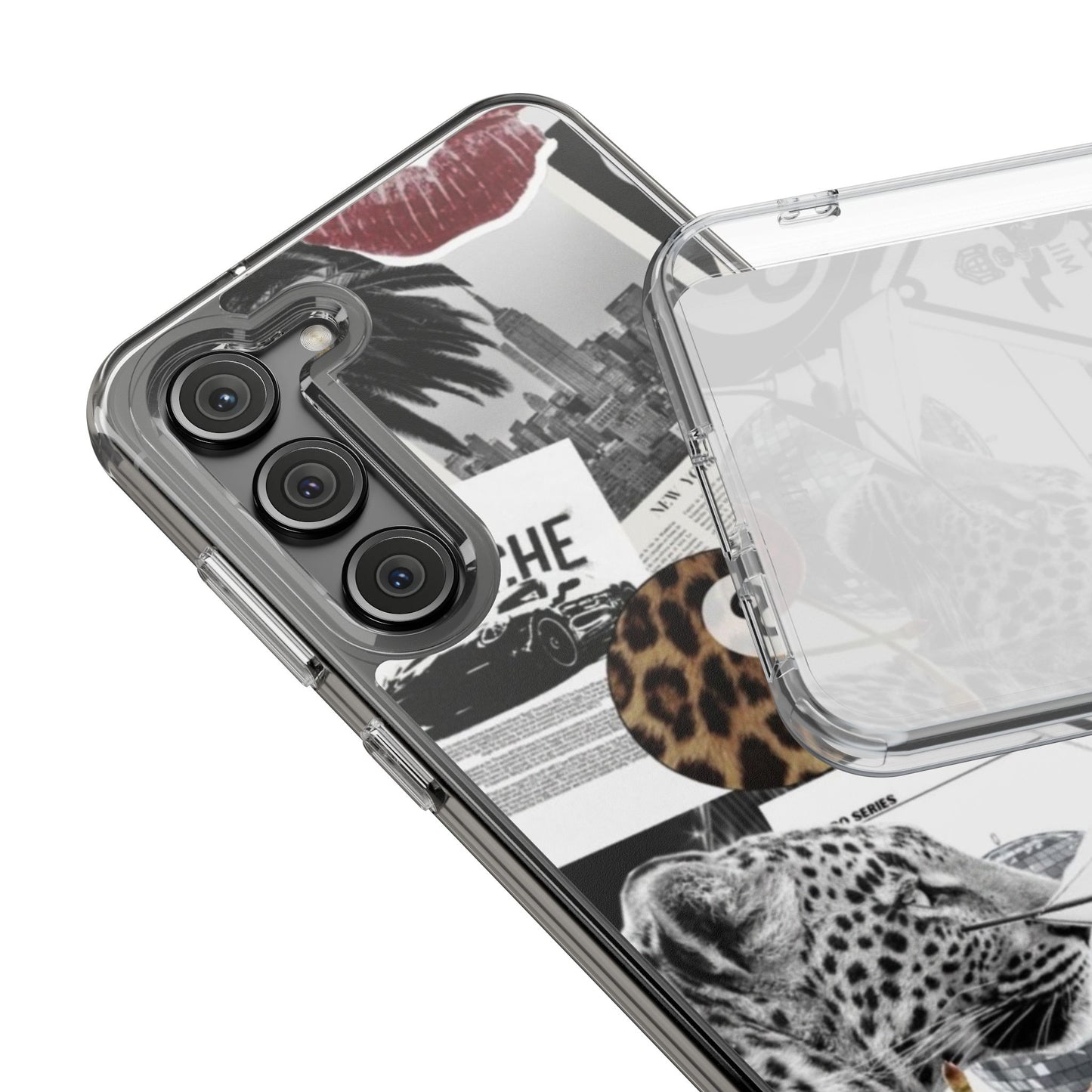 Clear Impact-Resistant Phone Case — Collage Luxury Leopard & Vintage Car Design