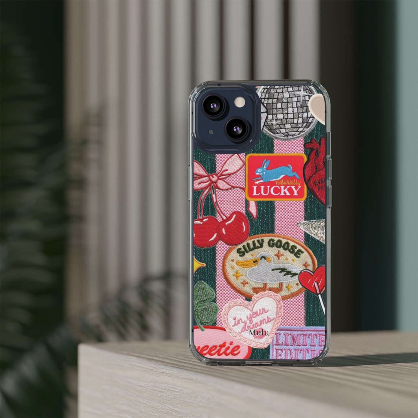 Clear Impact-Resistant Phone Case — Retro Patchwork Stickers (Lucky, Cherries, Silly Goose)