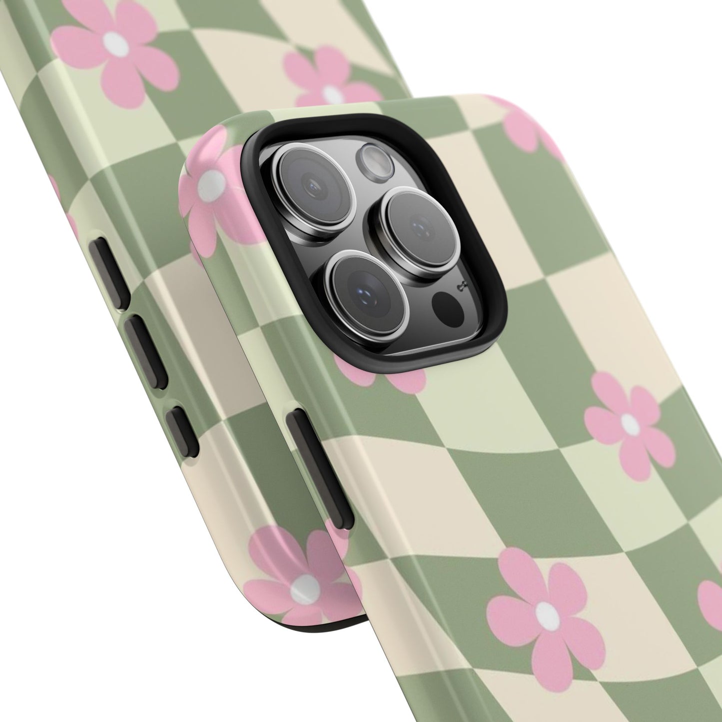 Tough Phone Case — Retro Green Checkerboard with Pink Flowers