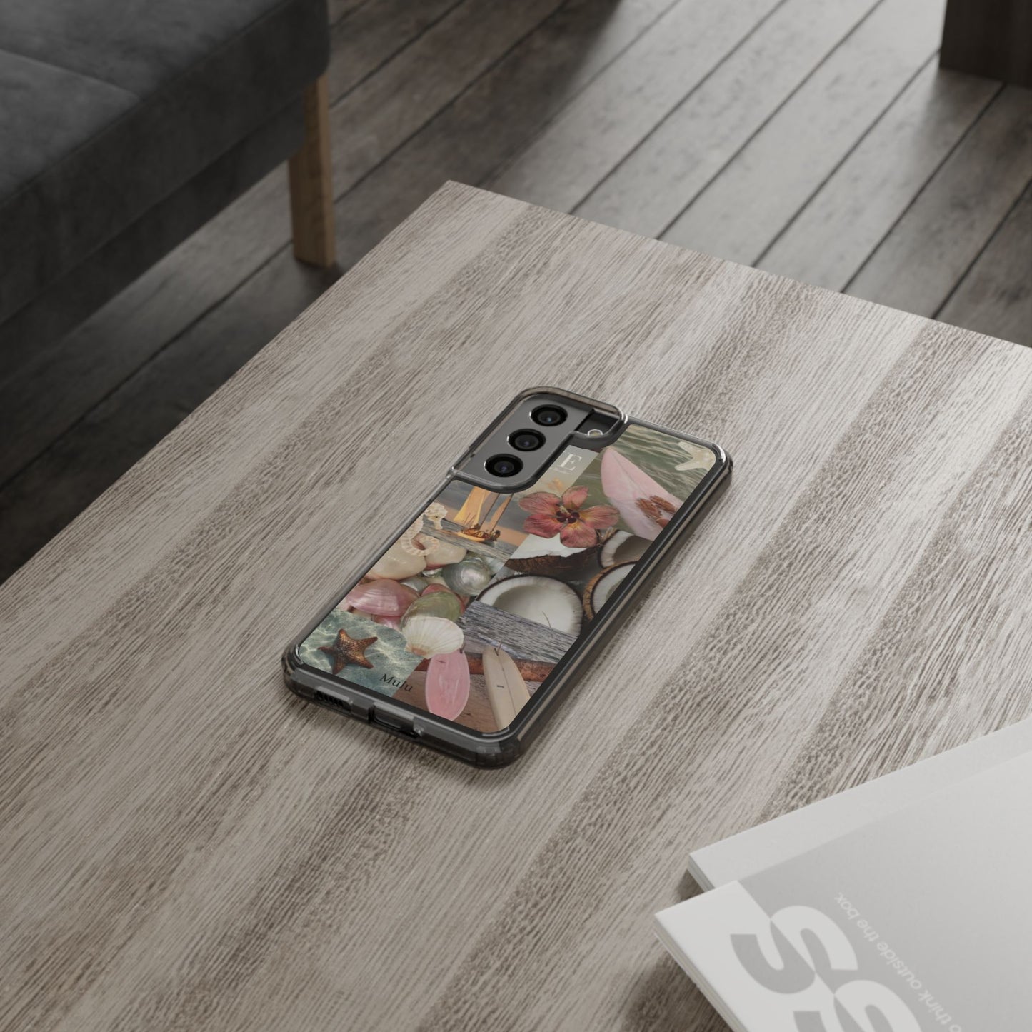 Clear Phone Case — Coastal Collage Shells & Surf Design