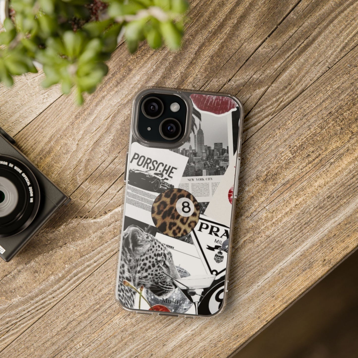 Clear Impact-Resistant Phone Case — Collage Luxury Leopard & Vintage Car Design