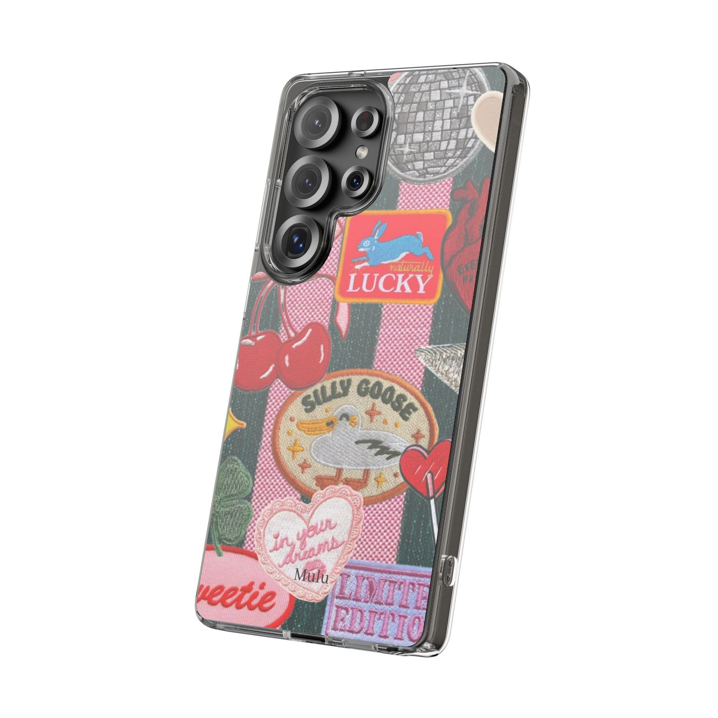 Clear Impact-Resistant Phone Case — Retro Patchwork Stickers (Lucky, Cherries, Silly Goose)