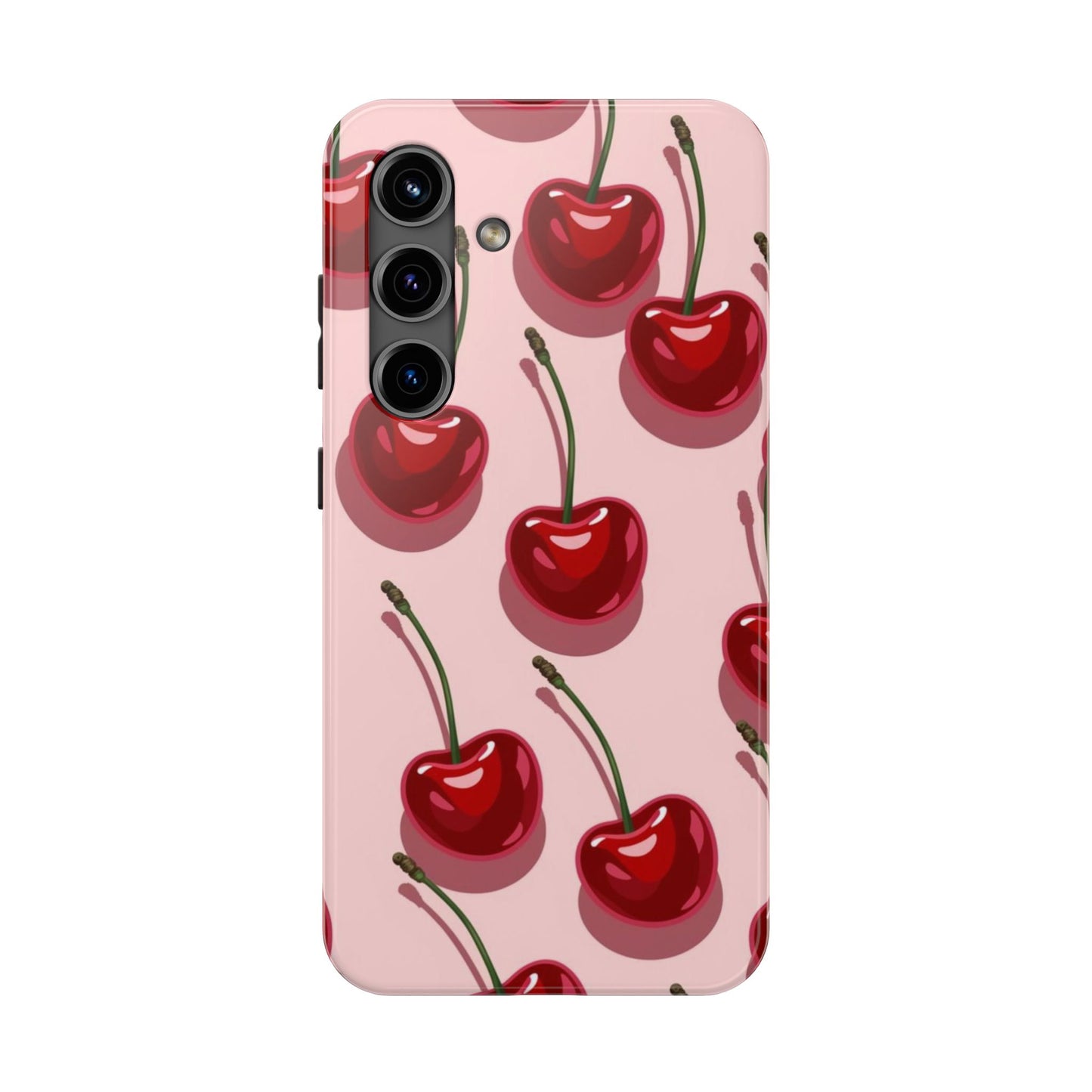 Cherry Pattern Tough Phone Case — Retro Pink Cherry Print Protective Phone Case