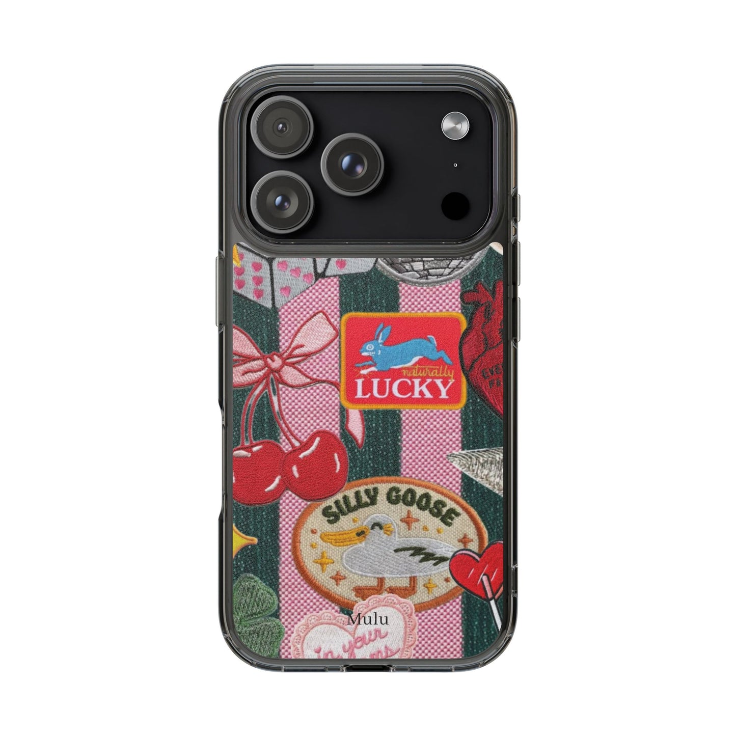 Clear Impact-Resistant Phone Case — Retro Patchwork Stickers (Lucky, Cherries, Silly Goose)