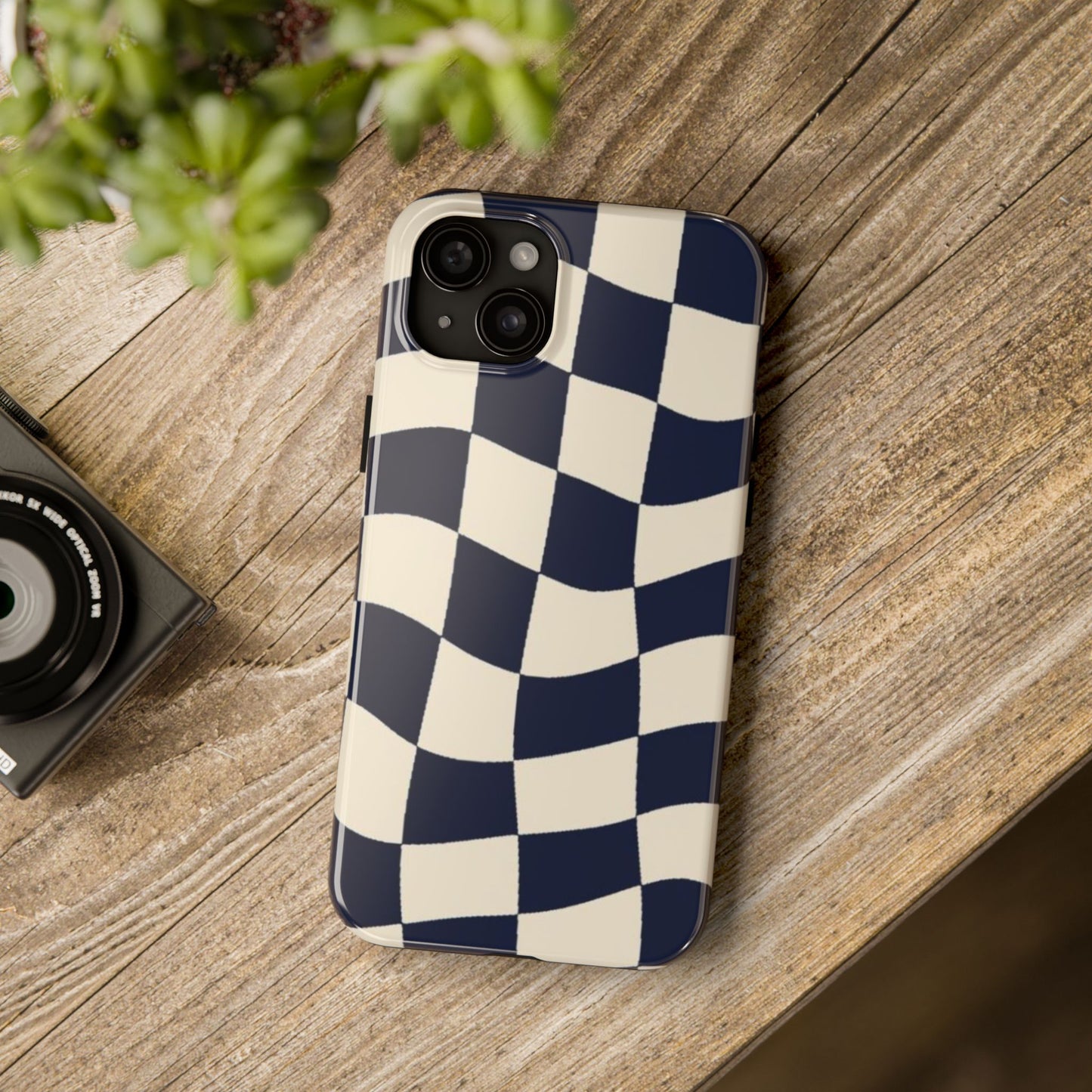 Wavy Checkerboard Tough Phone Case — Navy & Cream Protective Cover