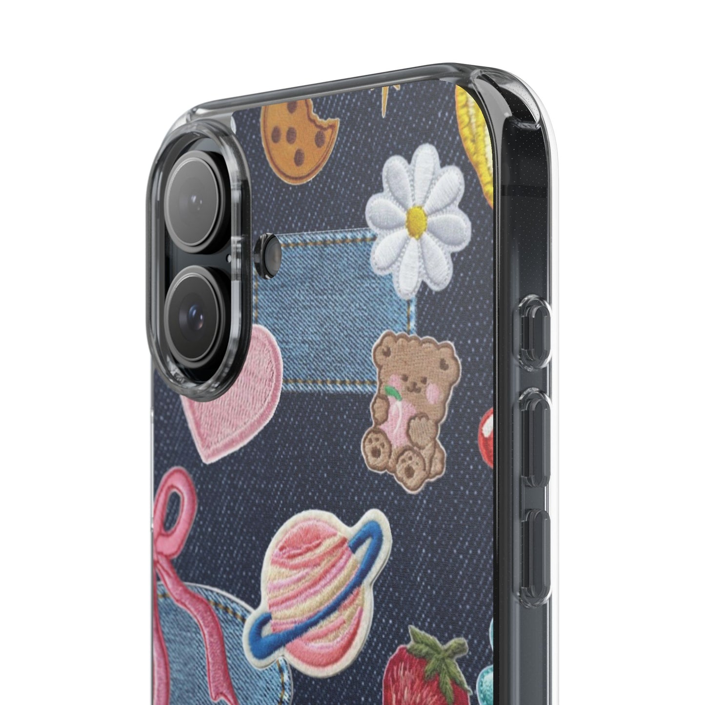 Clear Impact-Resistant Phone Case — Cute Denim Patch Collage (Teddy, Strawberry, Planet)