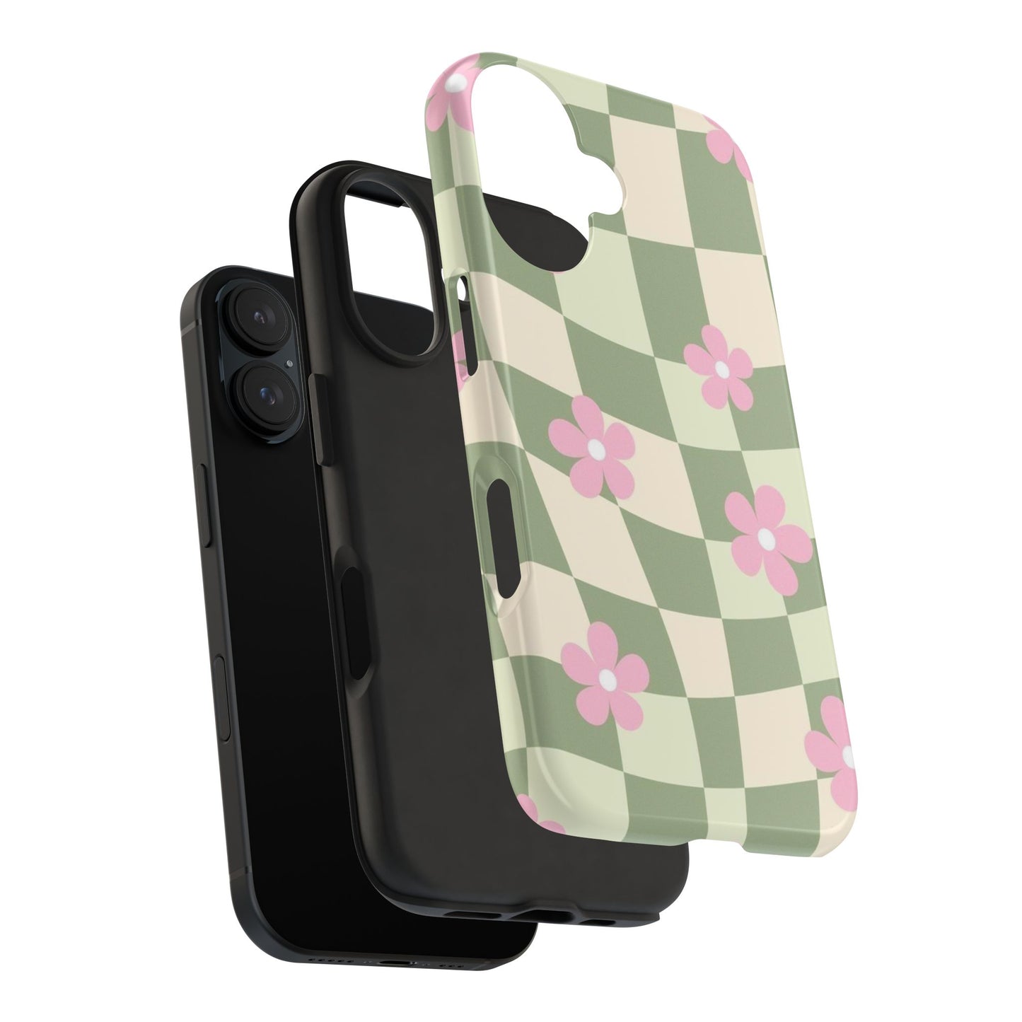 Tough Phone Case — Retro Green Checkerboard with Pink Flowers