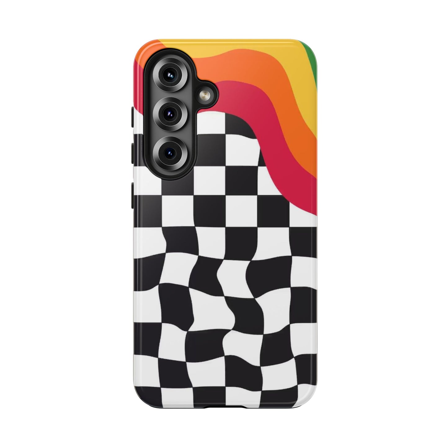 Retro Wavy Checkerboard Tough Phone Case — Rainbow Surf Skate Design