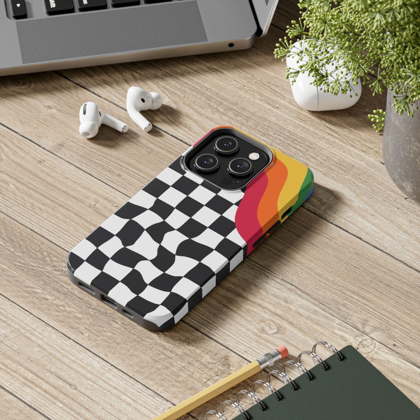 Retro Wavy Checkerboard Tough Phone Case — Rainbow Surf Skate Design