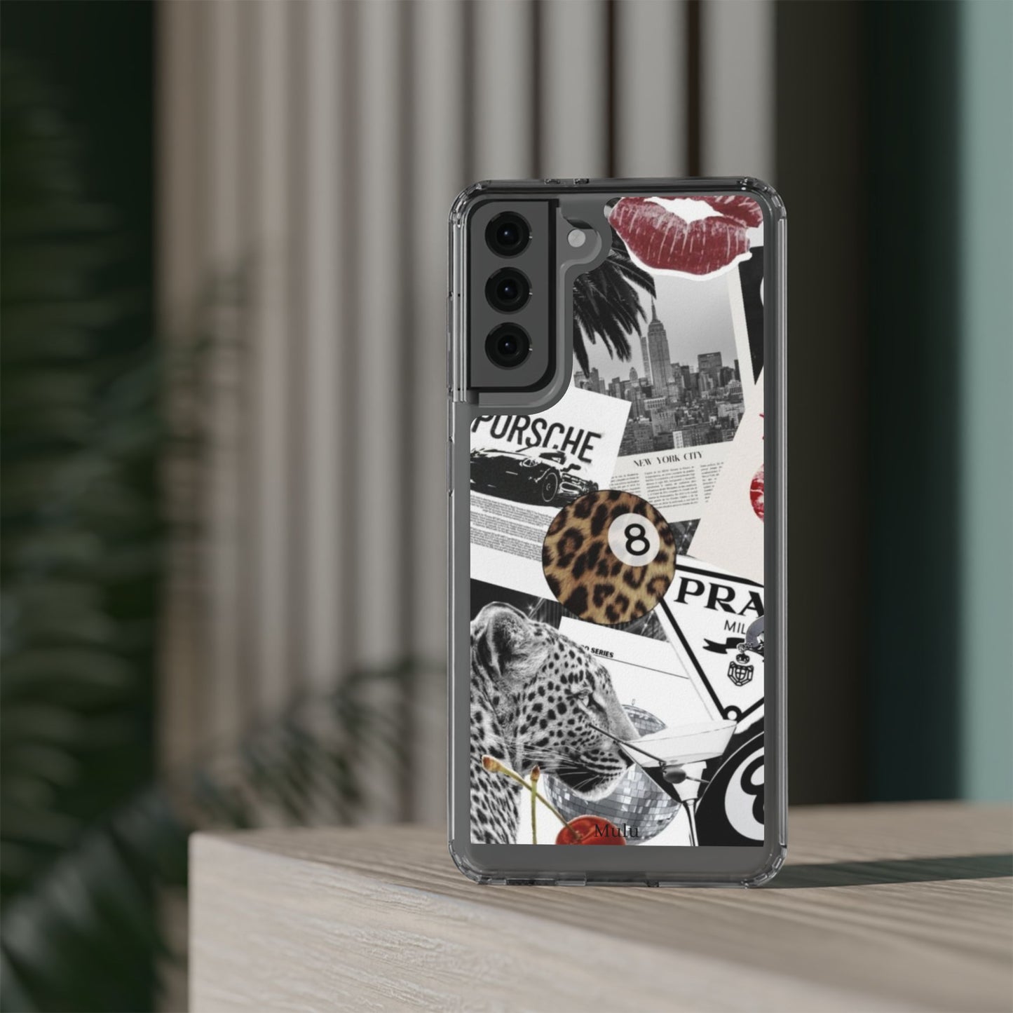 Clear Impact-Resistant Phone Case — Collage Luxury Leopard & Vintage Car Design