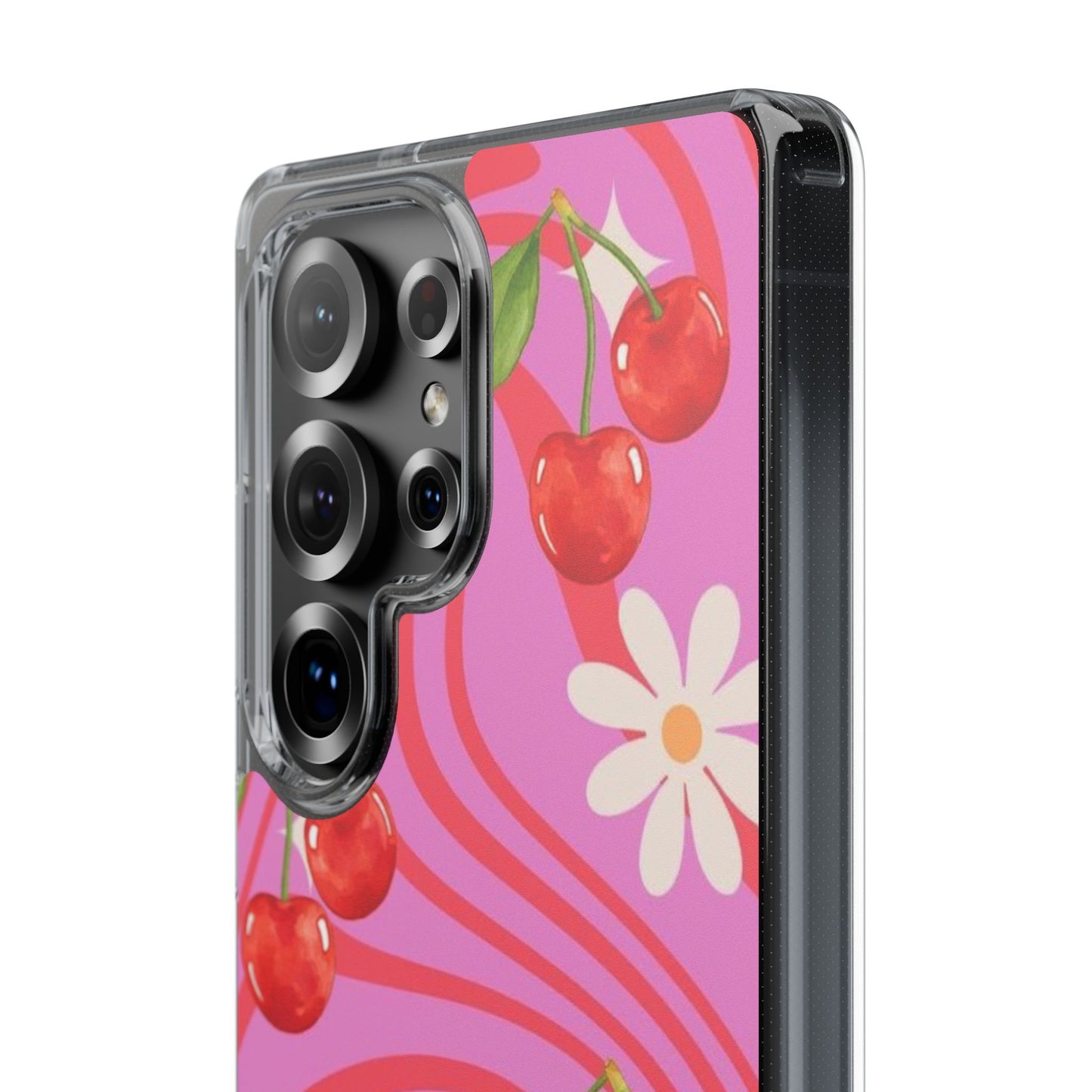 Clear Impact Phone Case — Retro Cherry & Daisy Floral Design