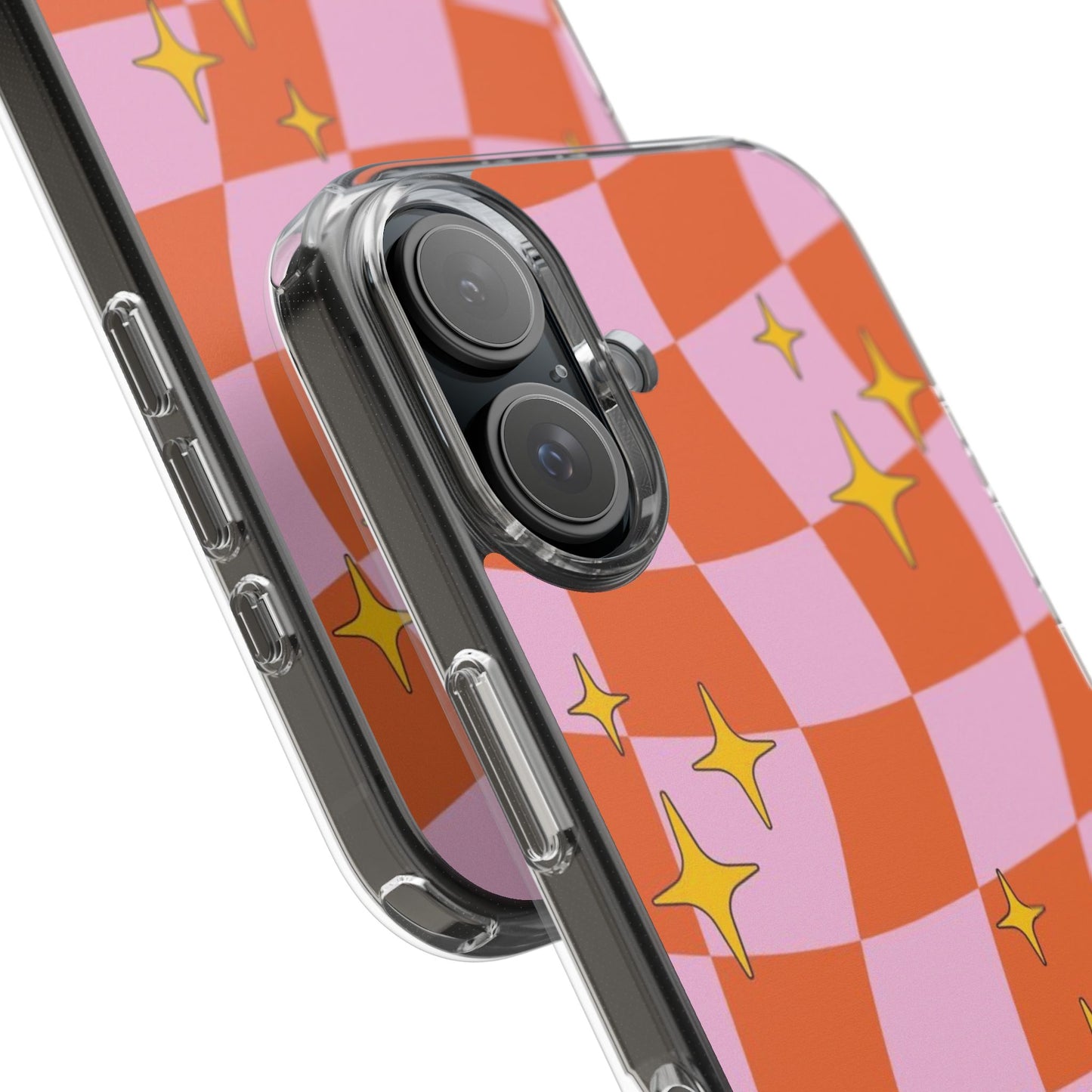 Clear Impact-Resistant Case — Retro Pink & Orange Checker with Sparkle Stars
