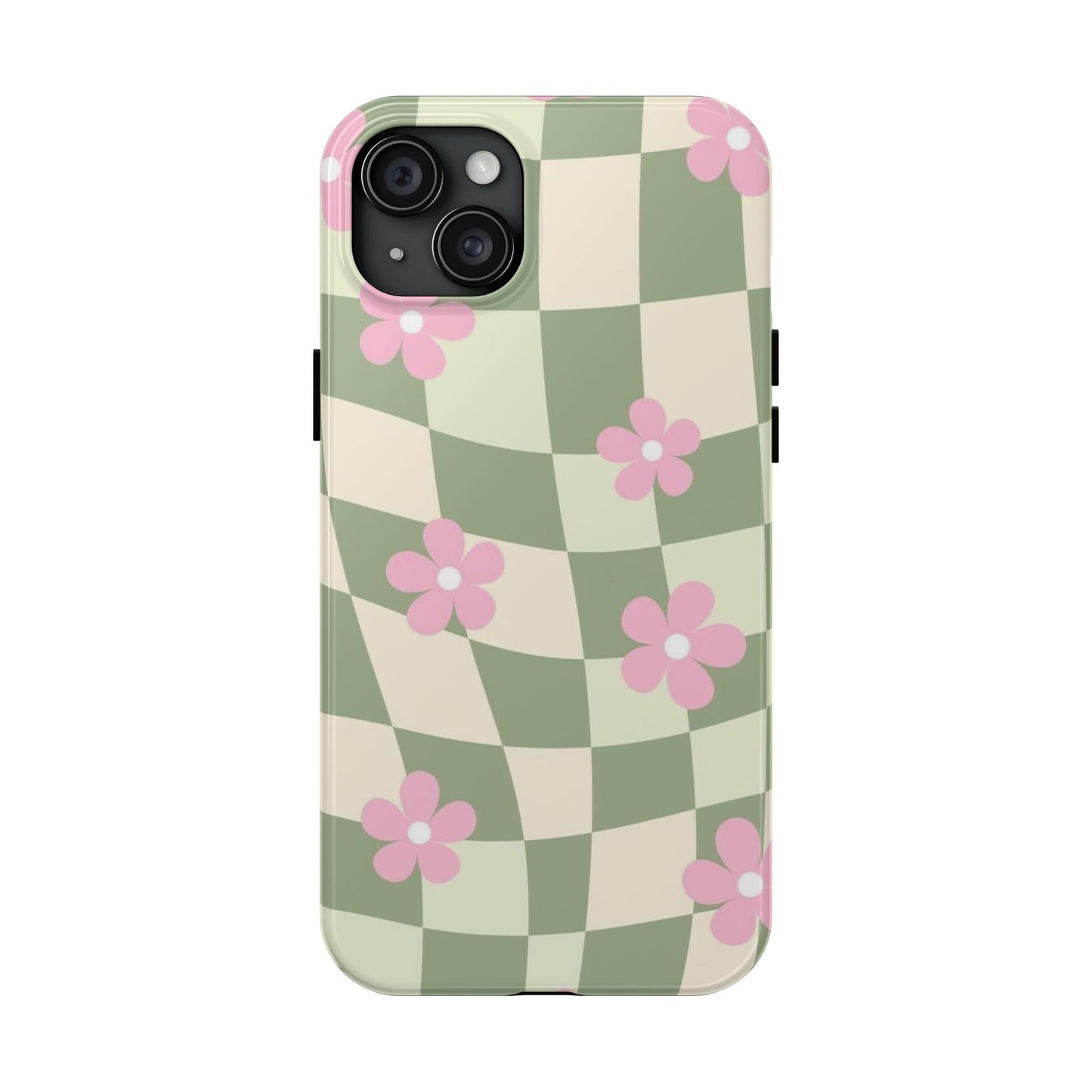 Tough Phone Case — Retro Green Checkerboard with Pink Flowers