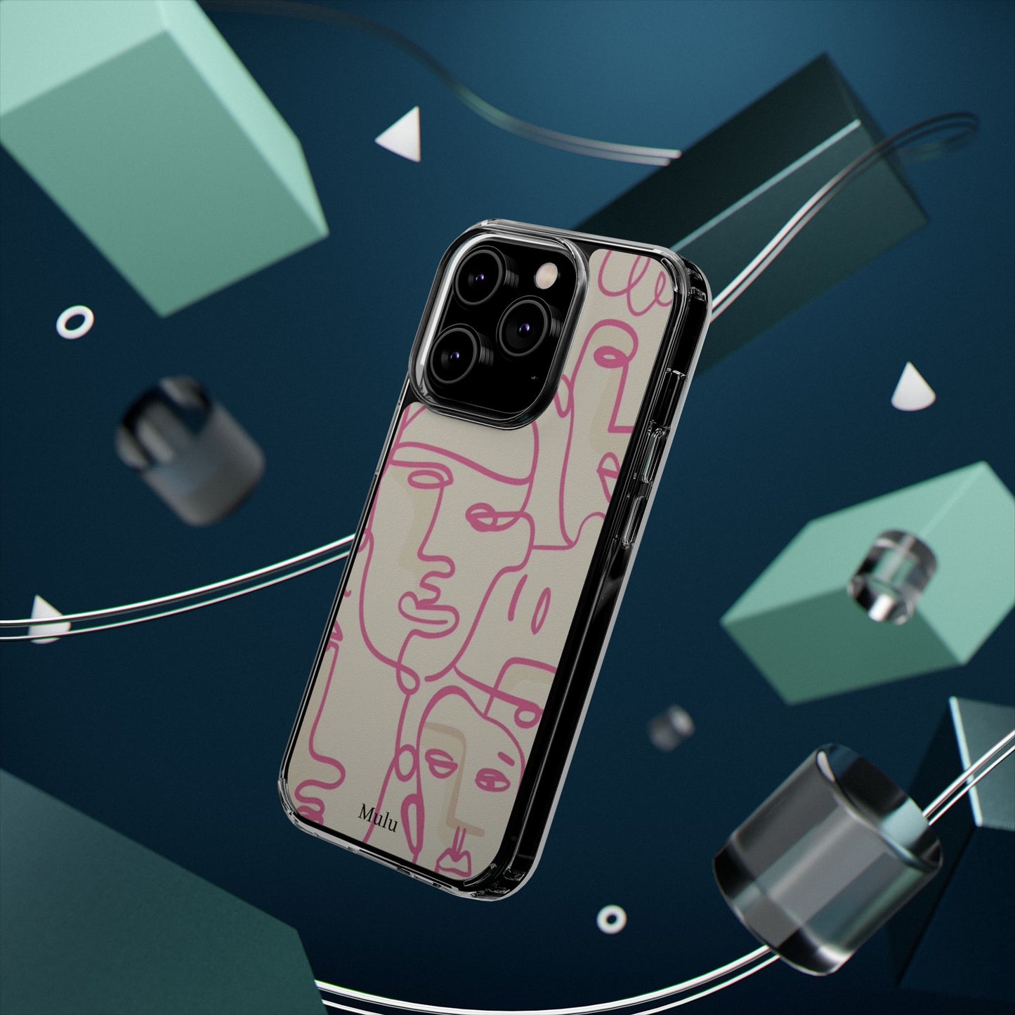 Clear Impact-Resistant Phone Case — Pink Minimalist Line Faces Design