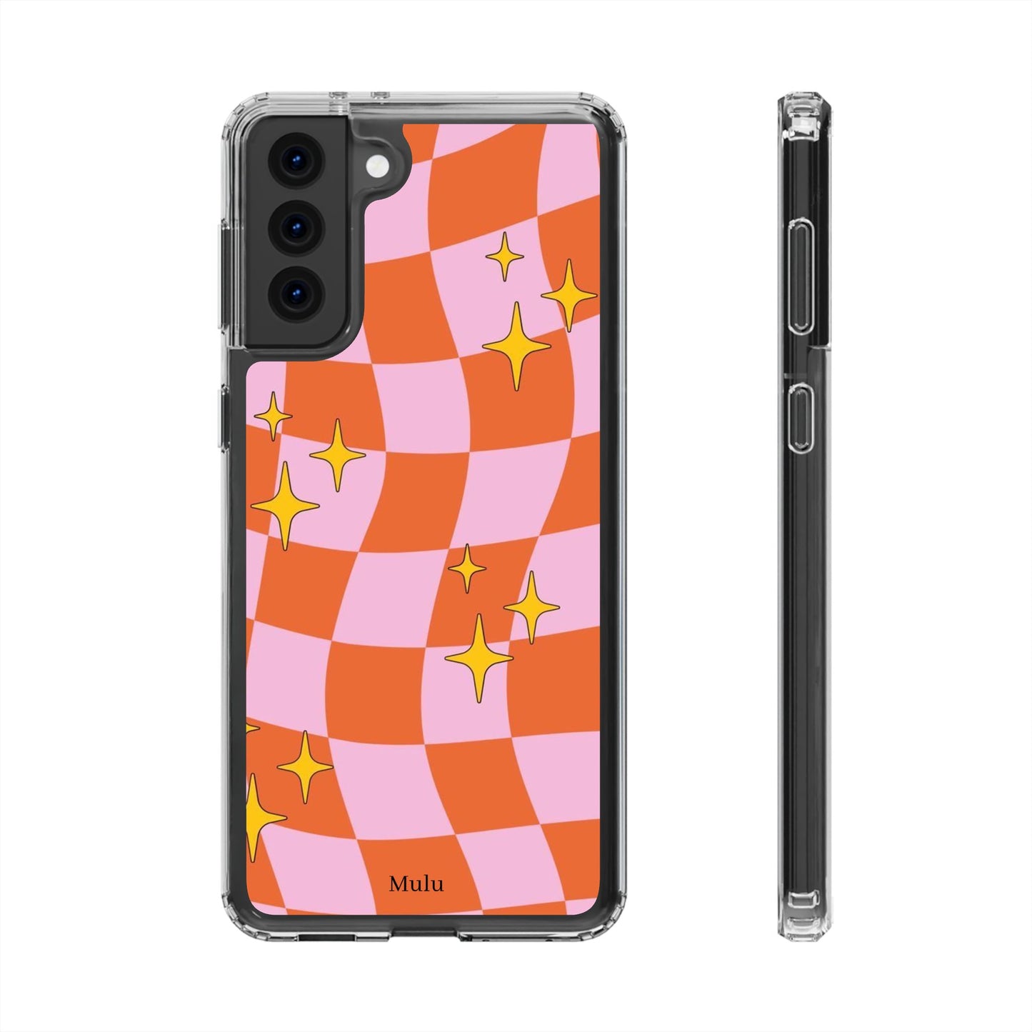 Clear Impact-Resistant Case — Retro Pink & Orange Checker with Sparkle Stars