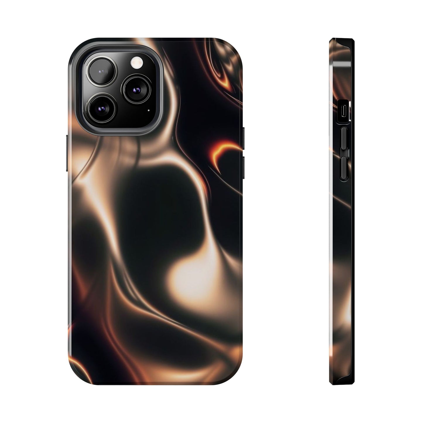 Abstract Liquid Glow Tough Phone Case — Black & Bronze Swirl Protective Cover