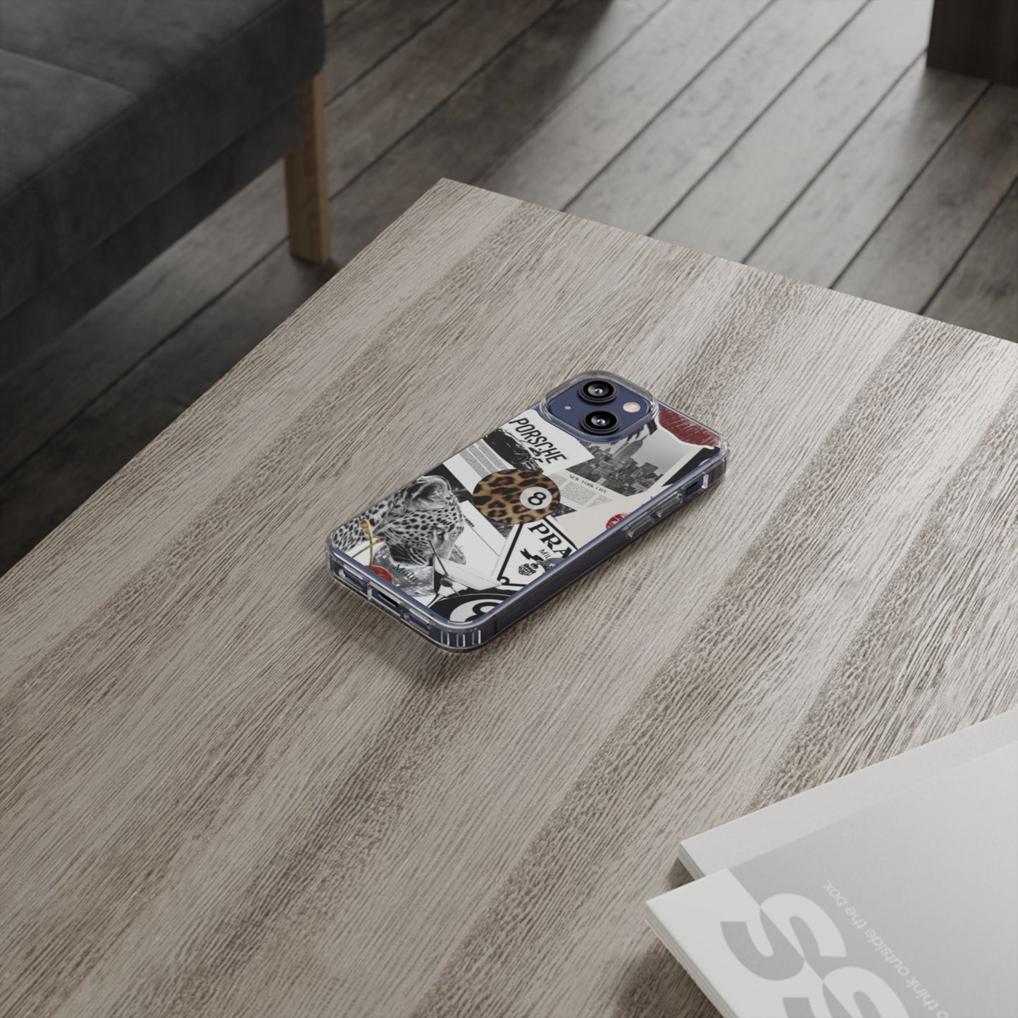 Clear Impact-Resistant Phone Case — Collage Luxury Leopard & Vintage Car Design