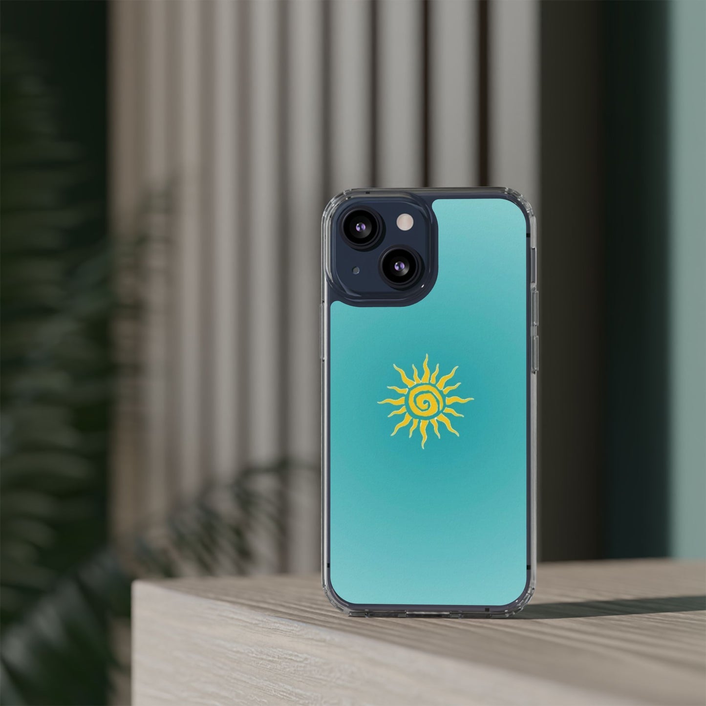 Clear Impact-Resistant Phone Case — Yellow Sun on Teal Gradient