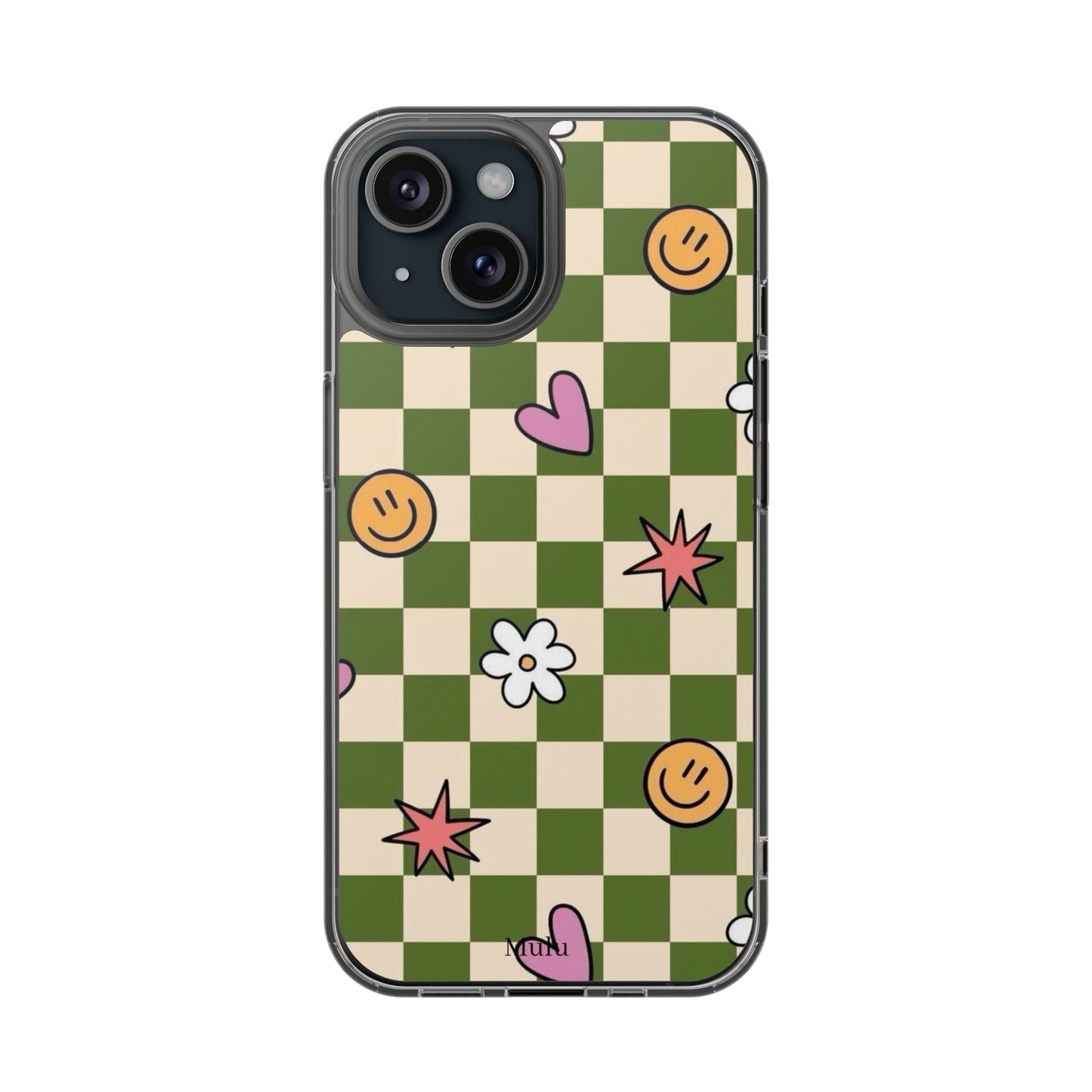 Clear Impact-Resistant Case — Retro Green Checkerboard with Smiley, Hearts & Flowers