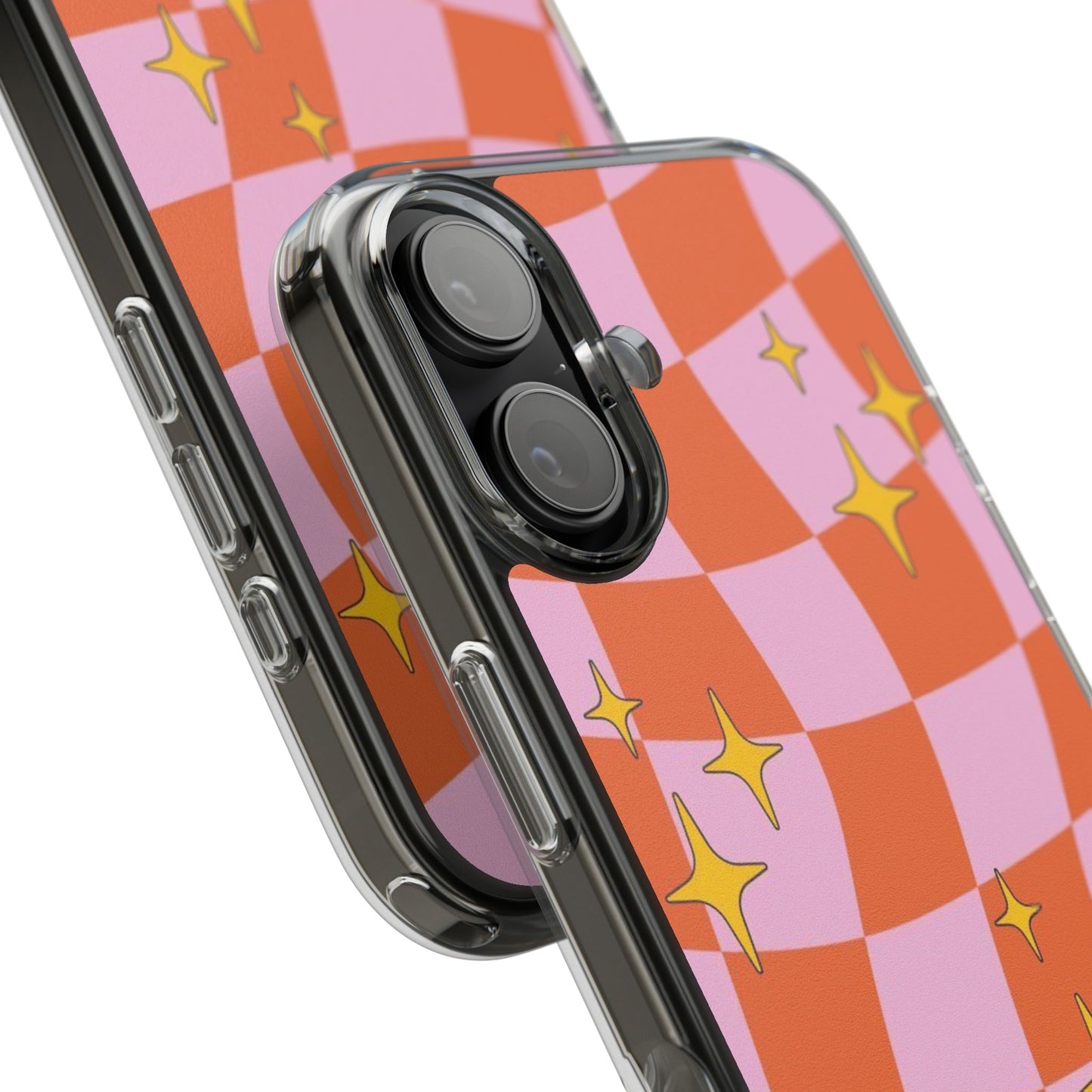 Clear Impact-Resistant Case — Retro Pink & Orange Checker with Sparkle Stars