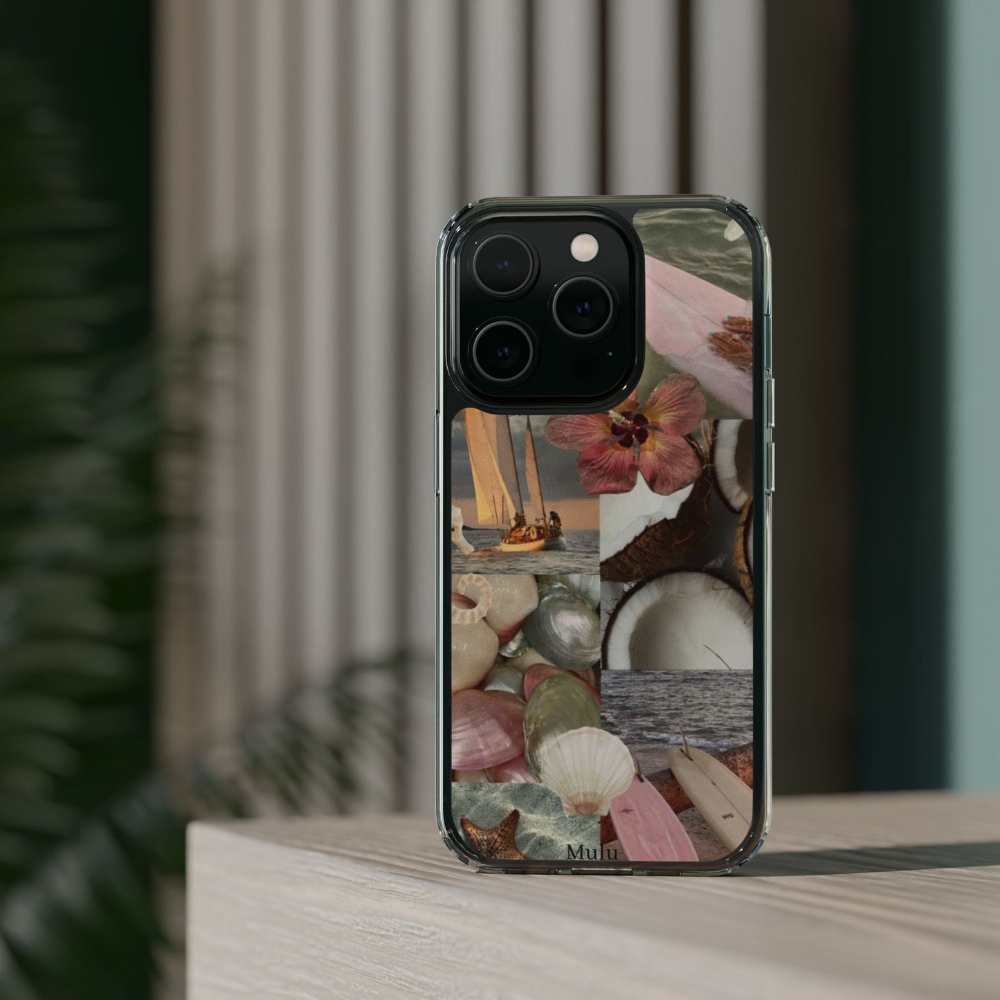 Clear Phone Case — Coastal Collage Shells & Surf Design