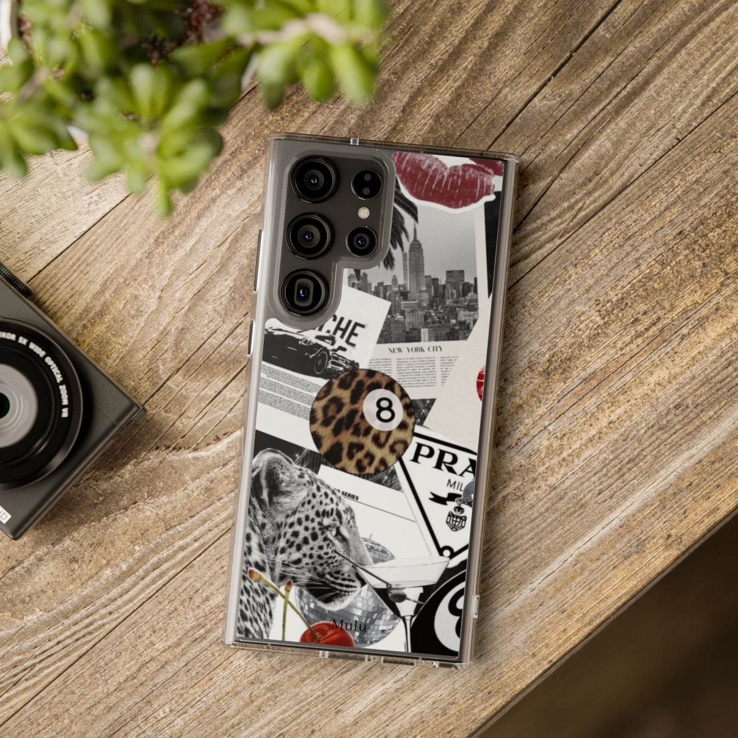 Clear Impact-Resistant Phone Case — Collage Luxury Leopard & Vintage Car Design