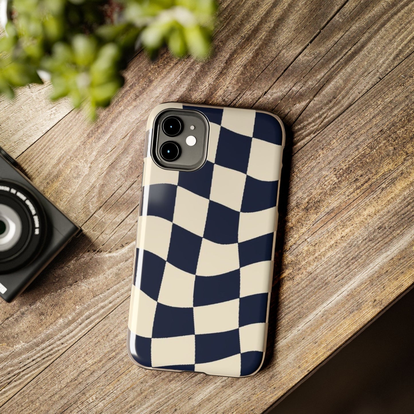 Wavy Checkerboard Tough Phone Case — Navy & Cream Protective Cover