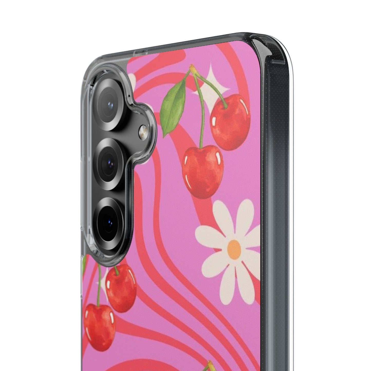Clear Impact Phone Case — Retro Cherry & Daisy Floral Design