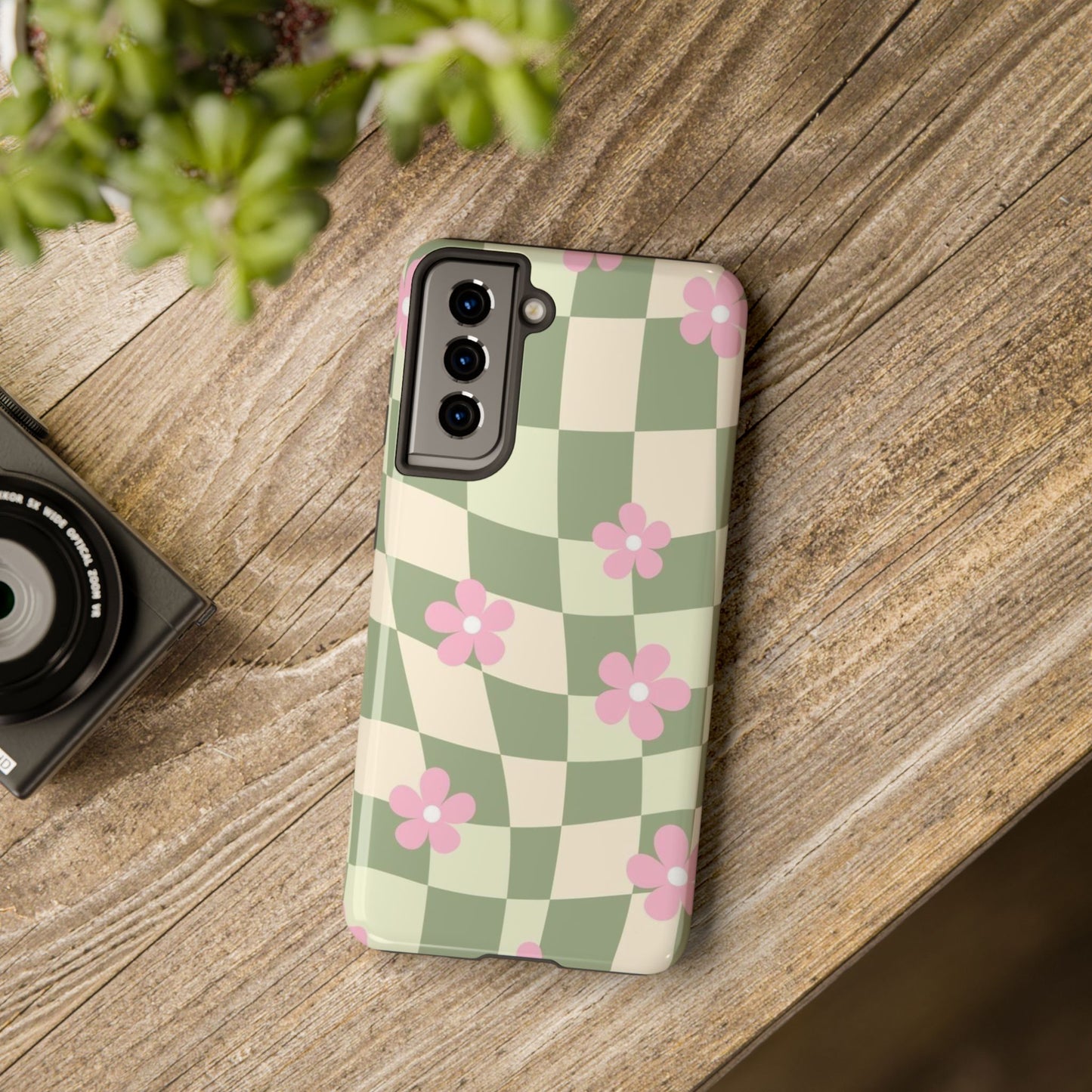 Tough Phone Case — Retro Green Checkerboard with Pink Flowers