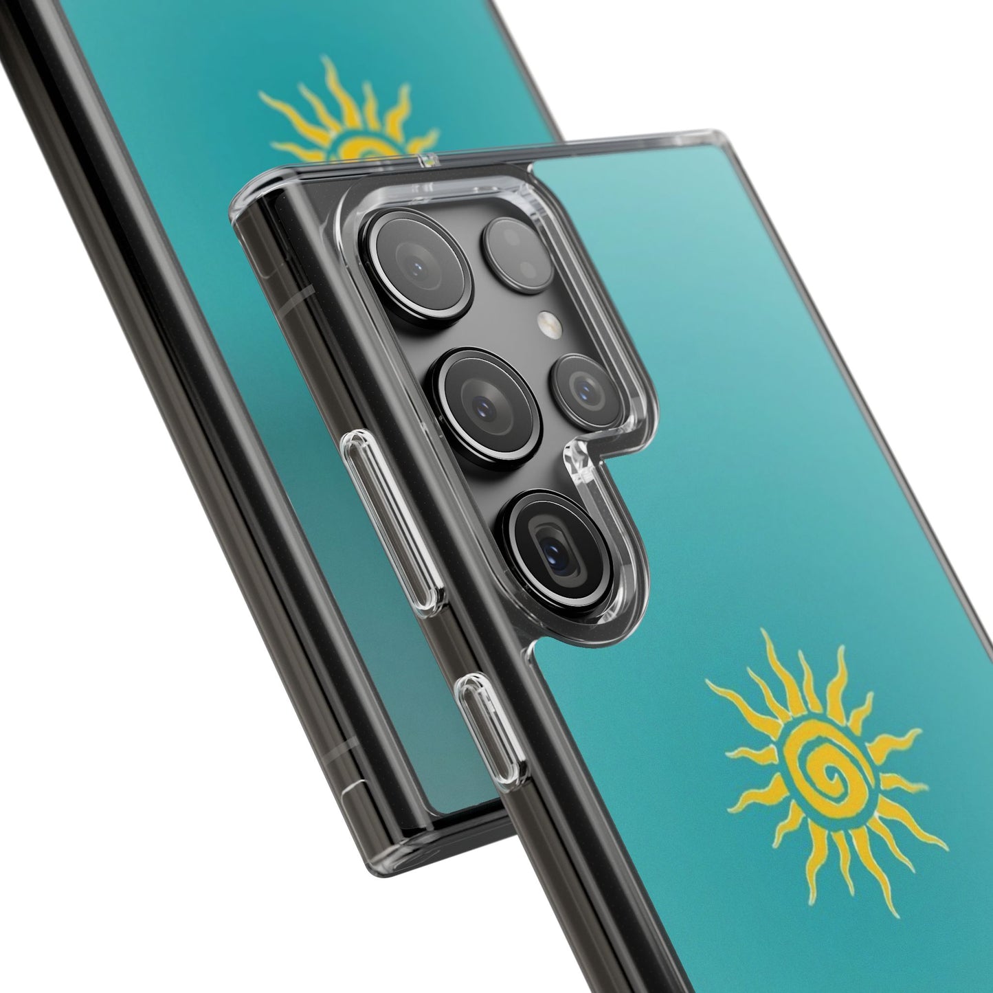 Clear Impact-Resistant Phone Case — Yellow Sun on Teal Gradient