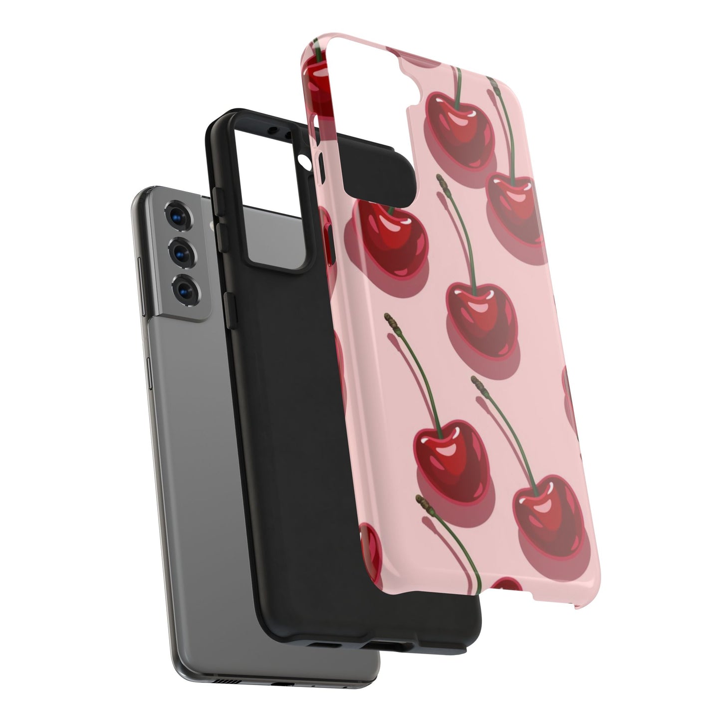 Cherry Pattern Tough Phone Case — Retro Pink Cherry Print Protective Phone Case