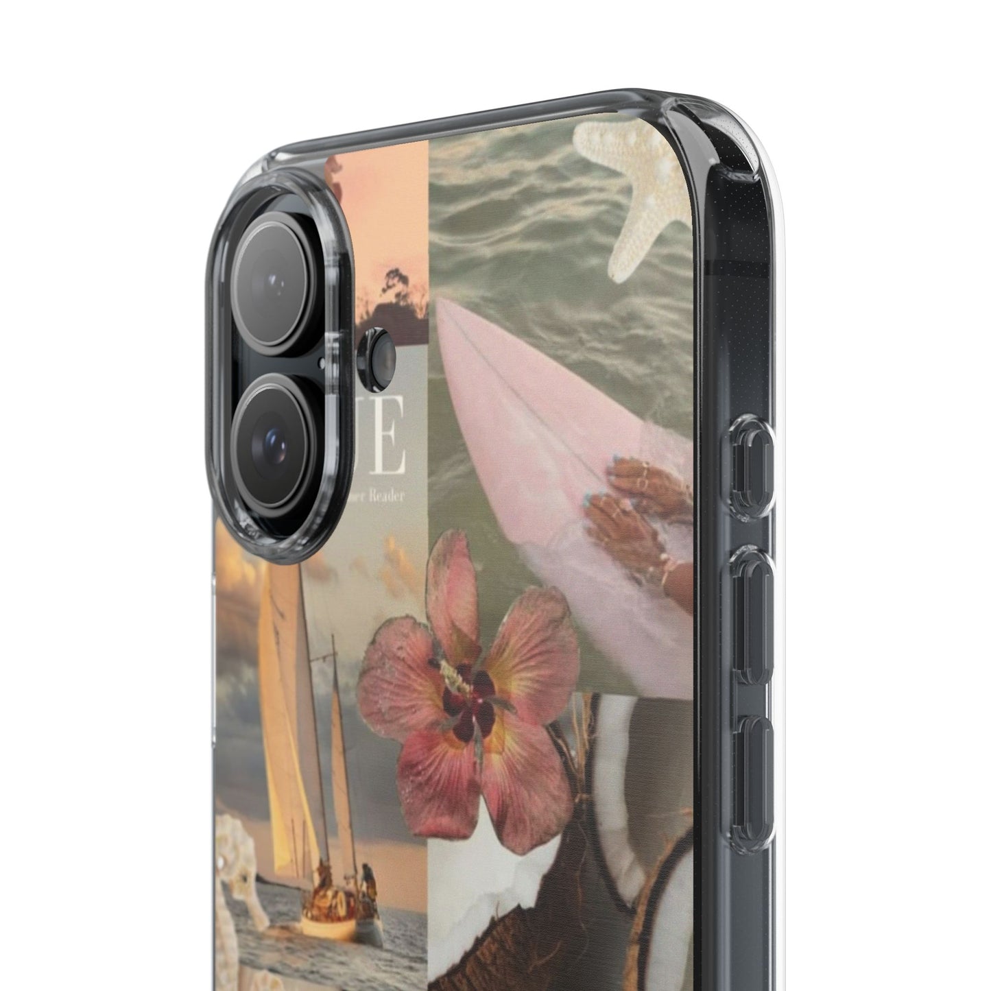 Clear Phone Case — Coastal Collage Shells & Surf Design
