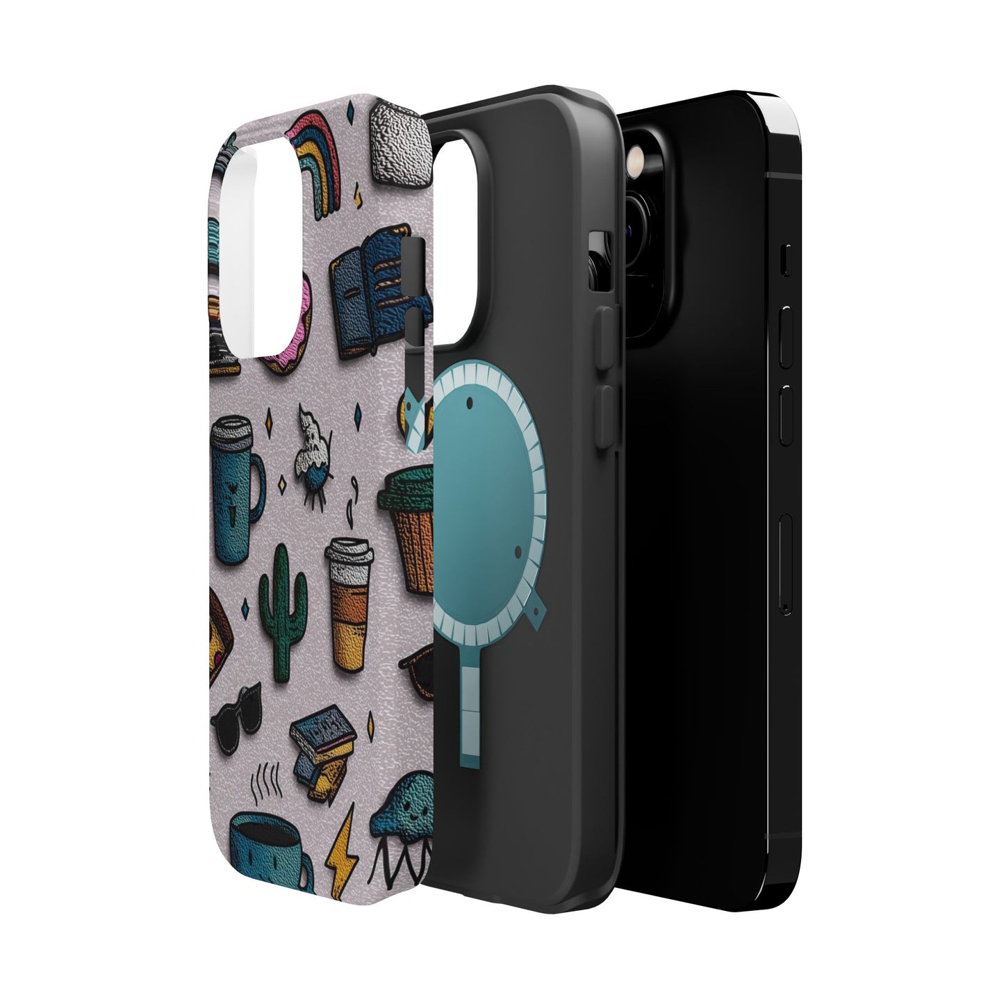 Cute Doodle Phone Case — Magnetic Impact-Resistant Design (coffee, rainbow, cactus)