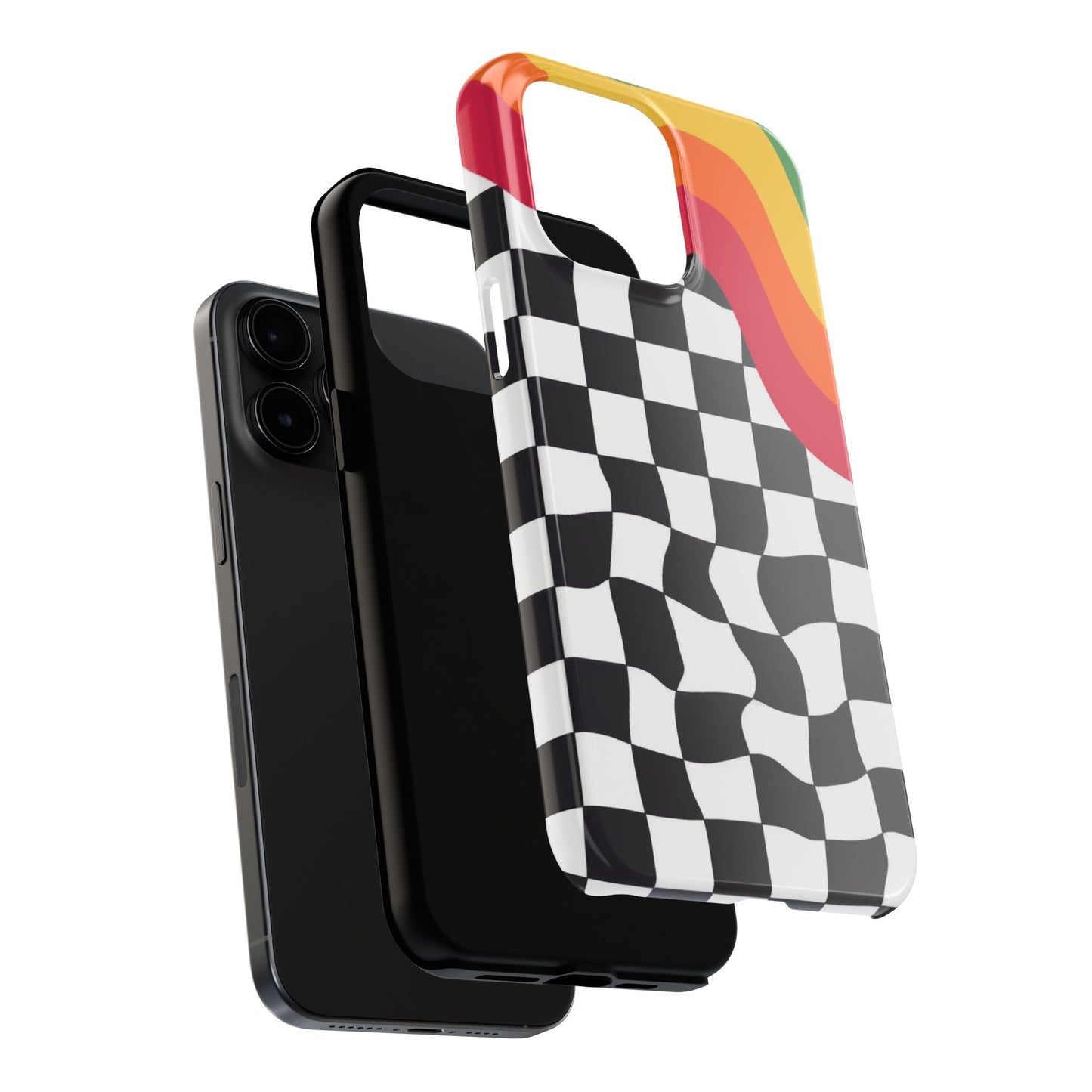 Retro Wavy Checkerboard Tough Phone Case — Rainbow Surf Skate Design