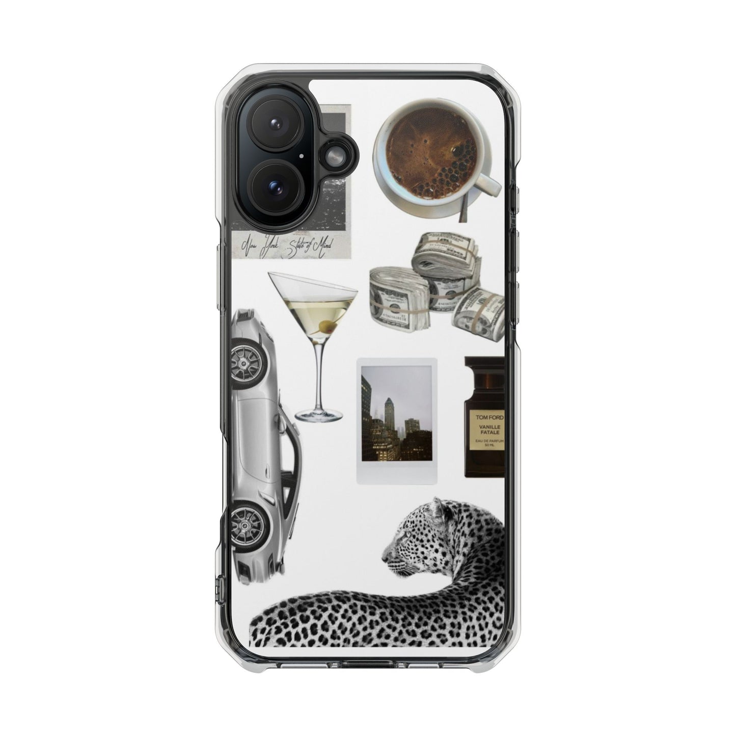 Clear Impact Phone Case — Luxe Collage (Leopard, Martini, Coffee & Vintage Car)