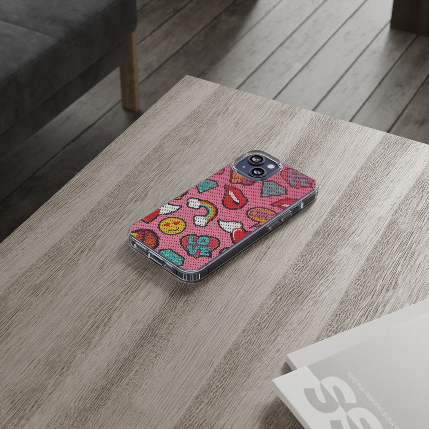 Clear Impact-Resistant Phone Case — Pink Pop Sticker Pattern (Hearts, Rainbows, Smileys)
