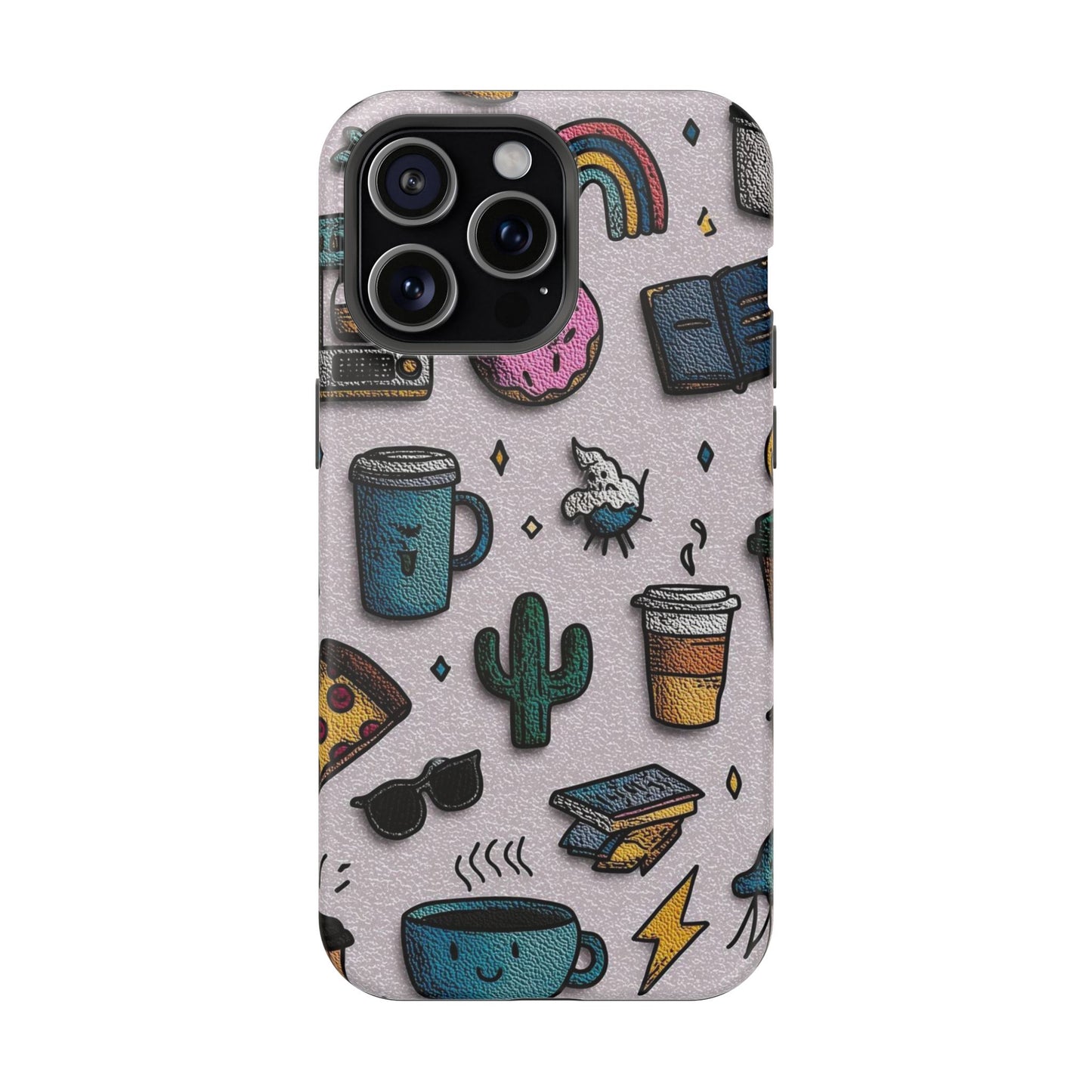 Cute Doodle Phone Case — Magnetic Impact-Resistant Design (coffee, rainbow, cactus)