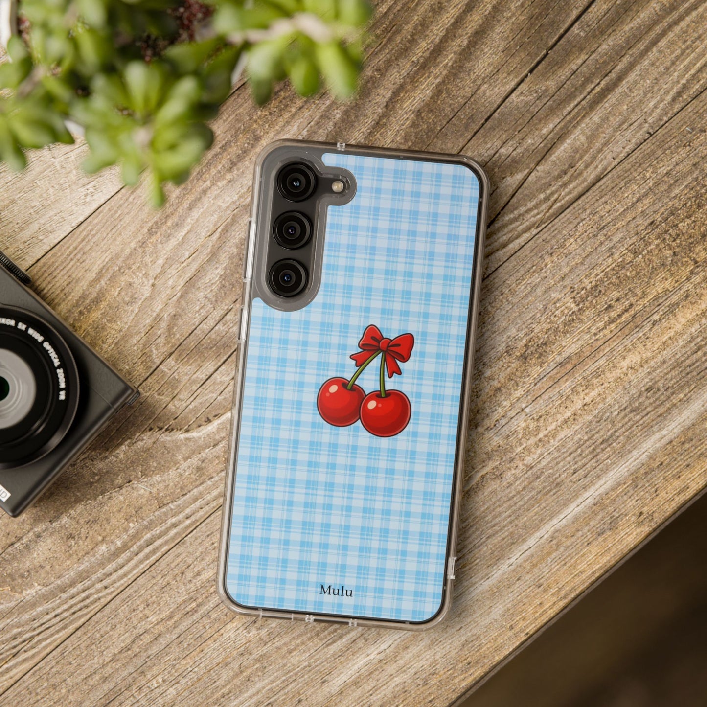 Clear Cherry Gingham Phone Case — Impact-Resistant Clear Case with Red Cherry Design