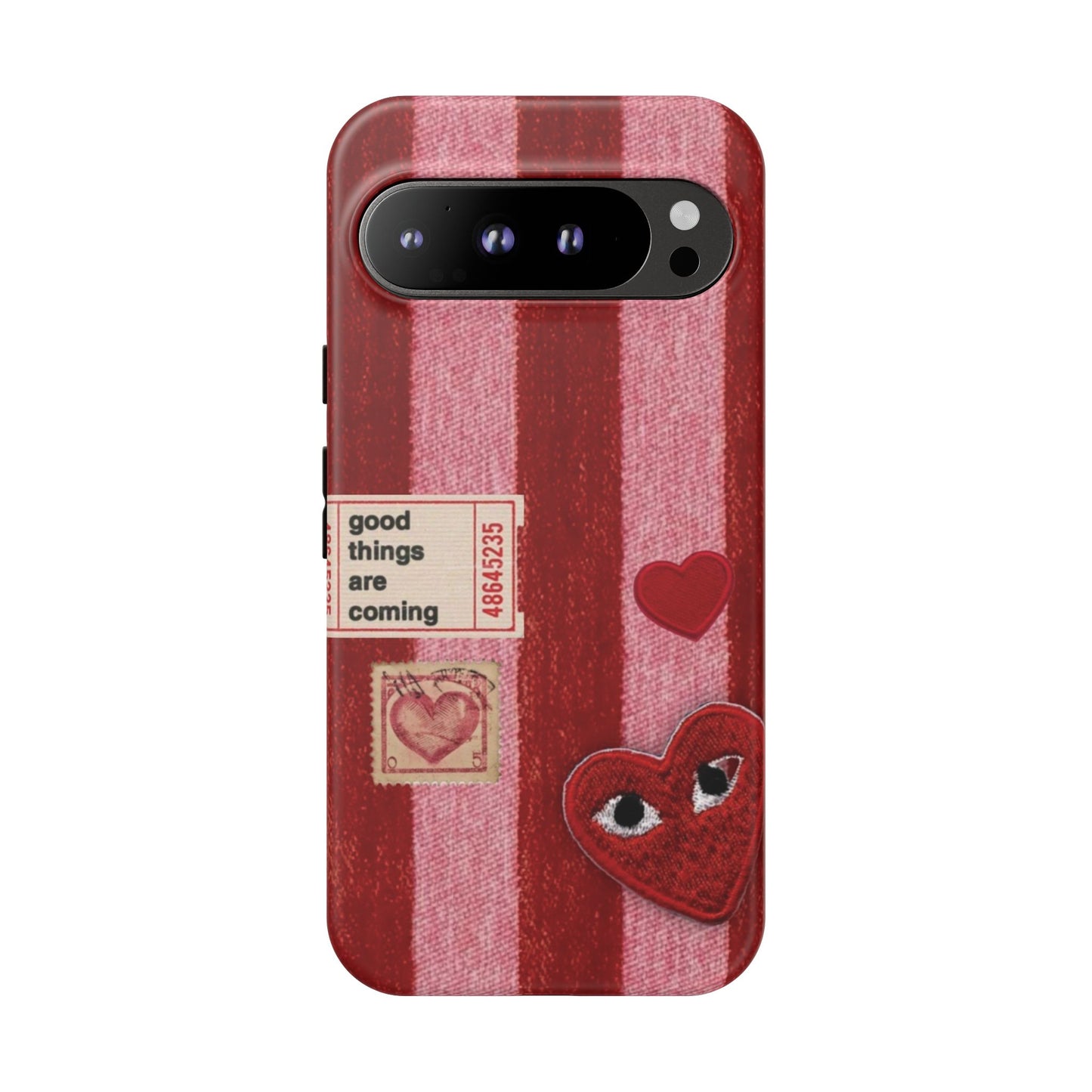 Phone Case — Red Striped Heart Design with “Good Things Are Coming”