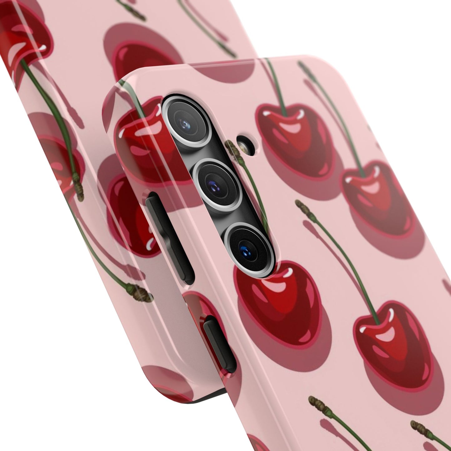 Cherry Pattern Tough Phone Case — Retro Pink Cherry Print Protective Phone Case
