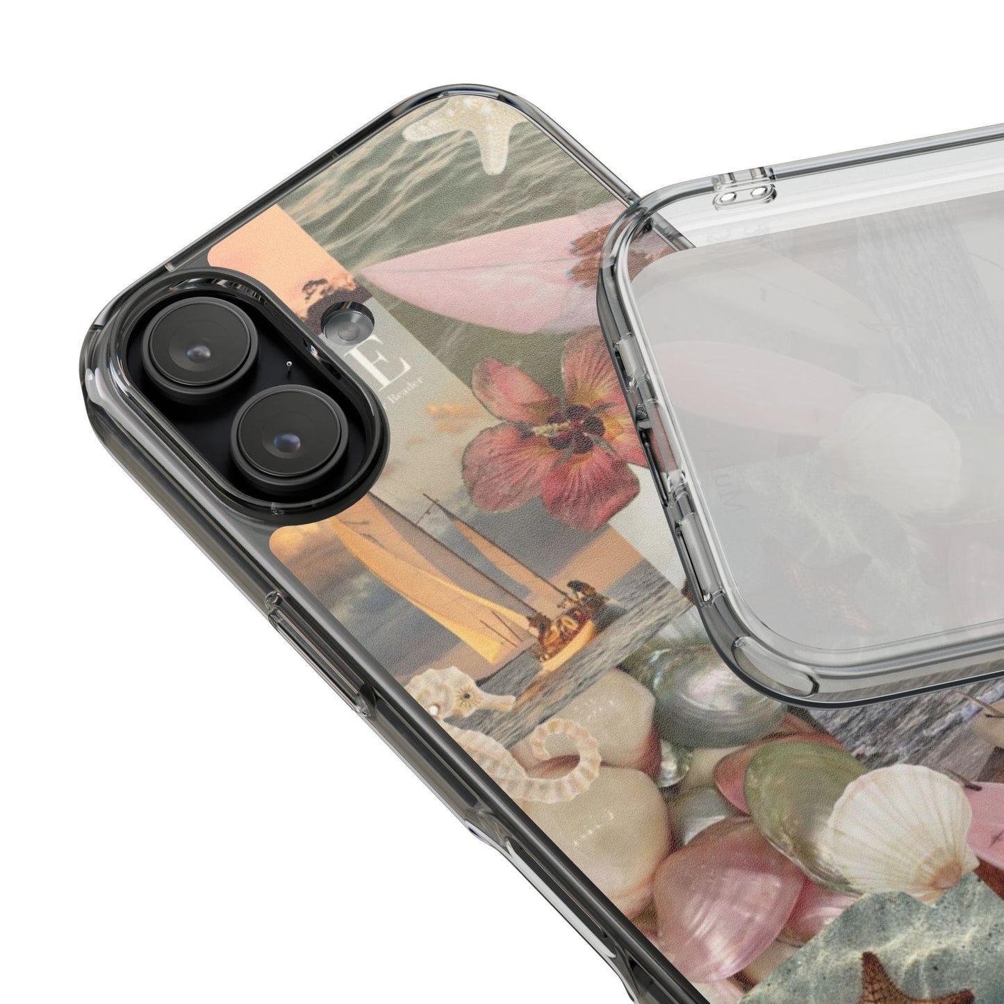 Clear Phone Case — Coastal Collage Shells & Surf Design