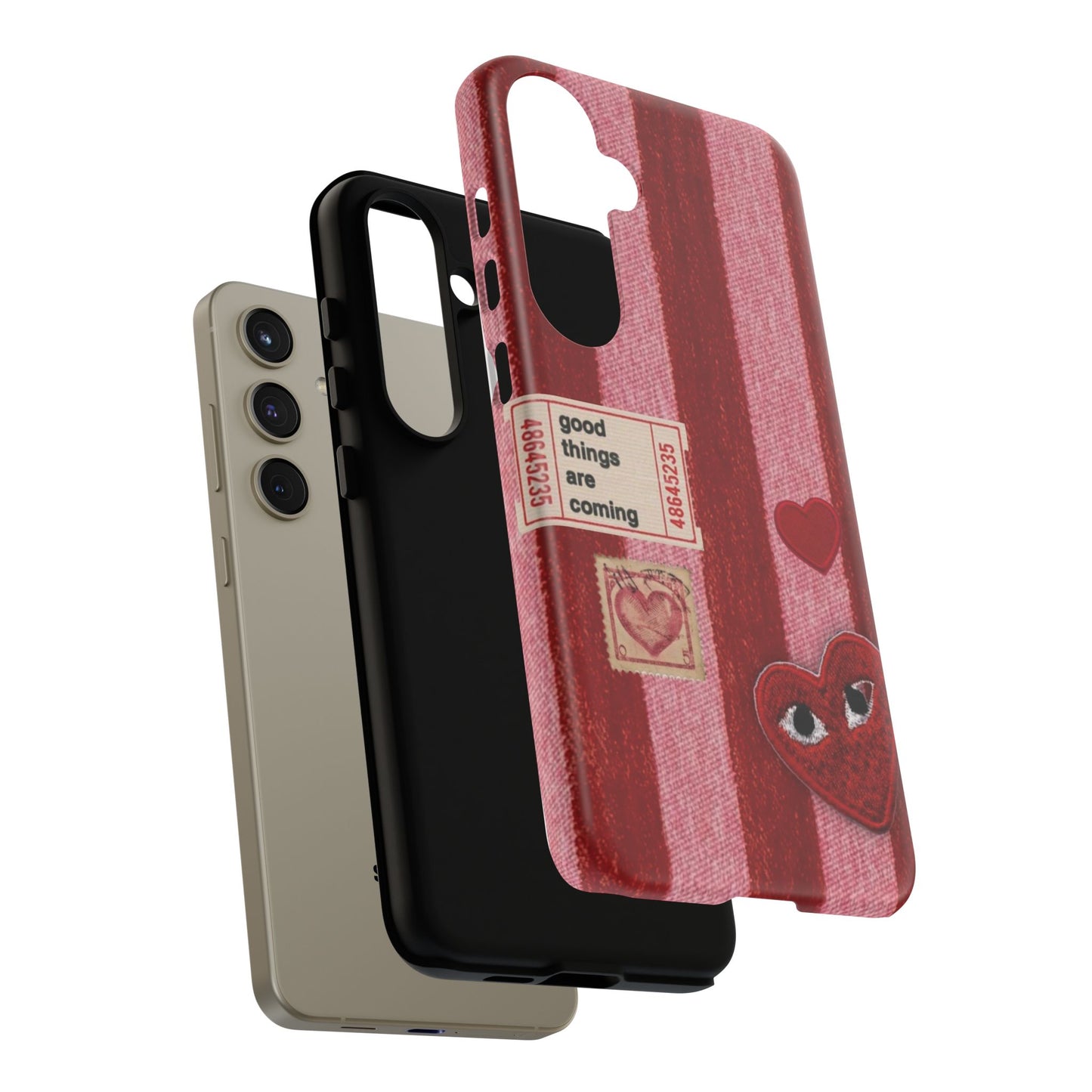 Phone Case — Red Striped Heart Design with “Good Things Are Coming”