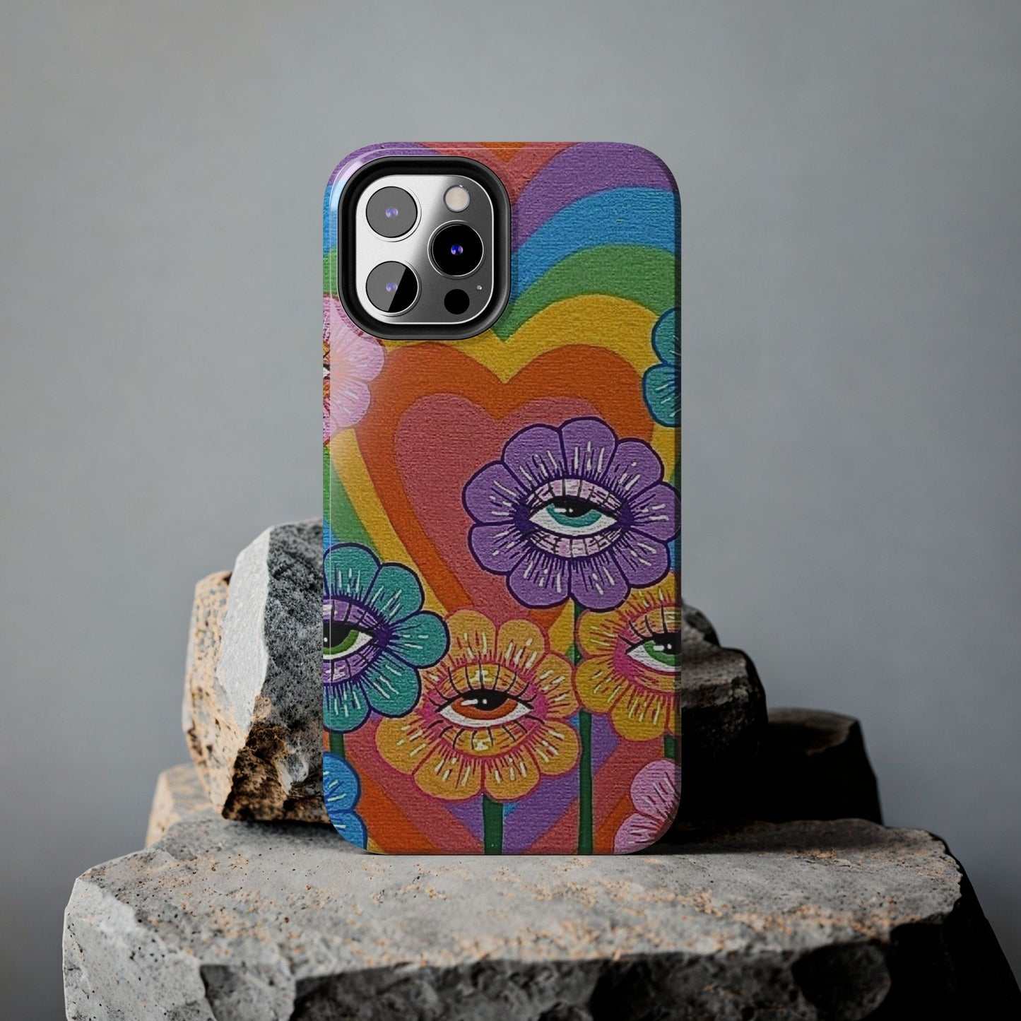 Psychedelic Eye Flower Tough Phone Case — Retro Rainbow Protective iPhone Cover
